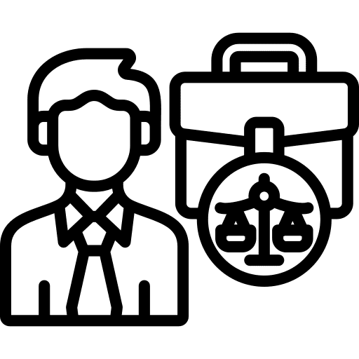 A simple black silhouette of a person, briefcase and scales