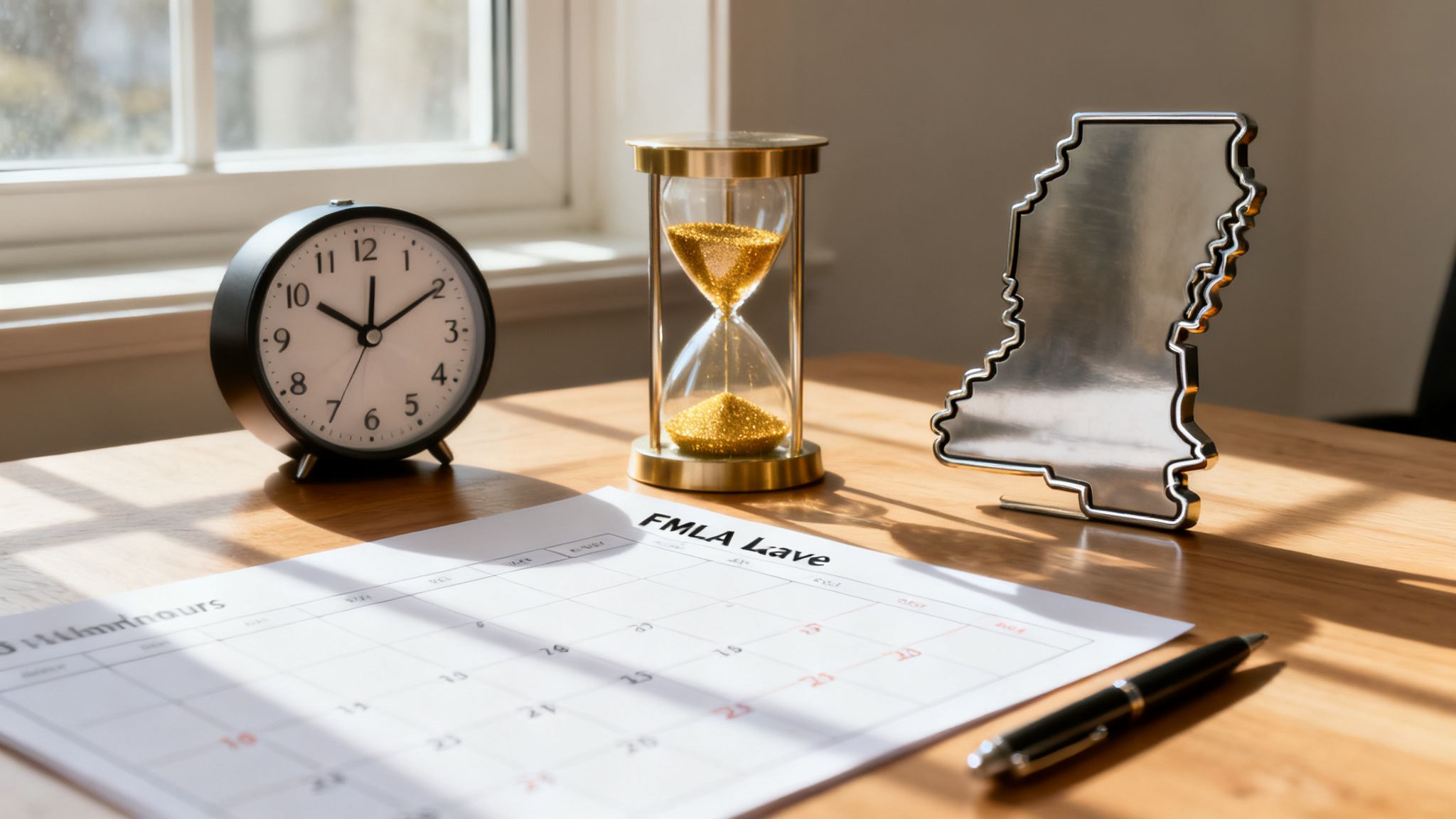 Calendar illustrating the 1,250-hour FMLA eligibility requirement for Mississippi employees
