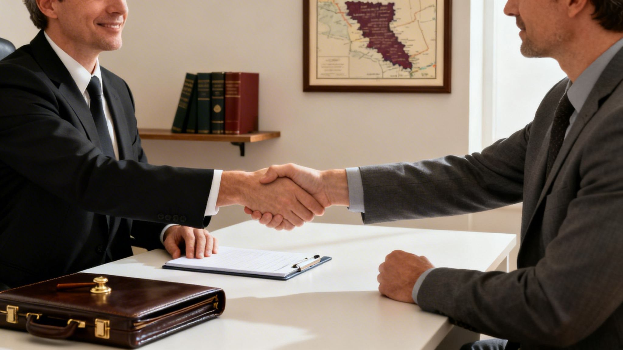 Two professional men in suits shake hands across a table with legal documents and a briefcase.
