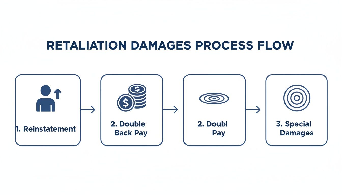 A process flow diagram outlining retaliation damages, including reinstatement, double back pay, double pay, and special damages.