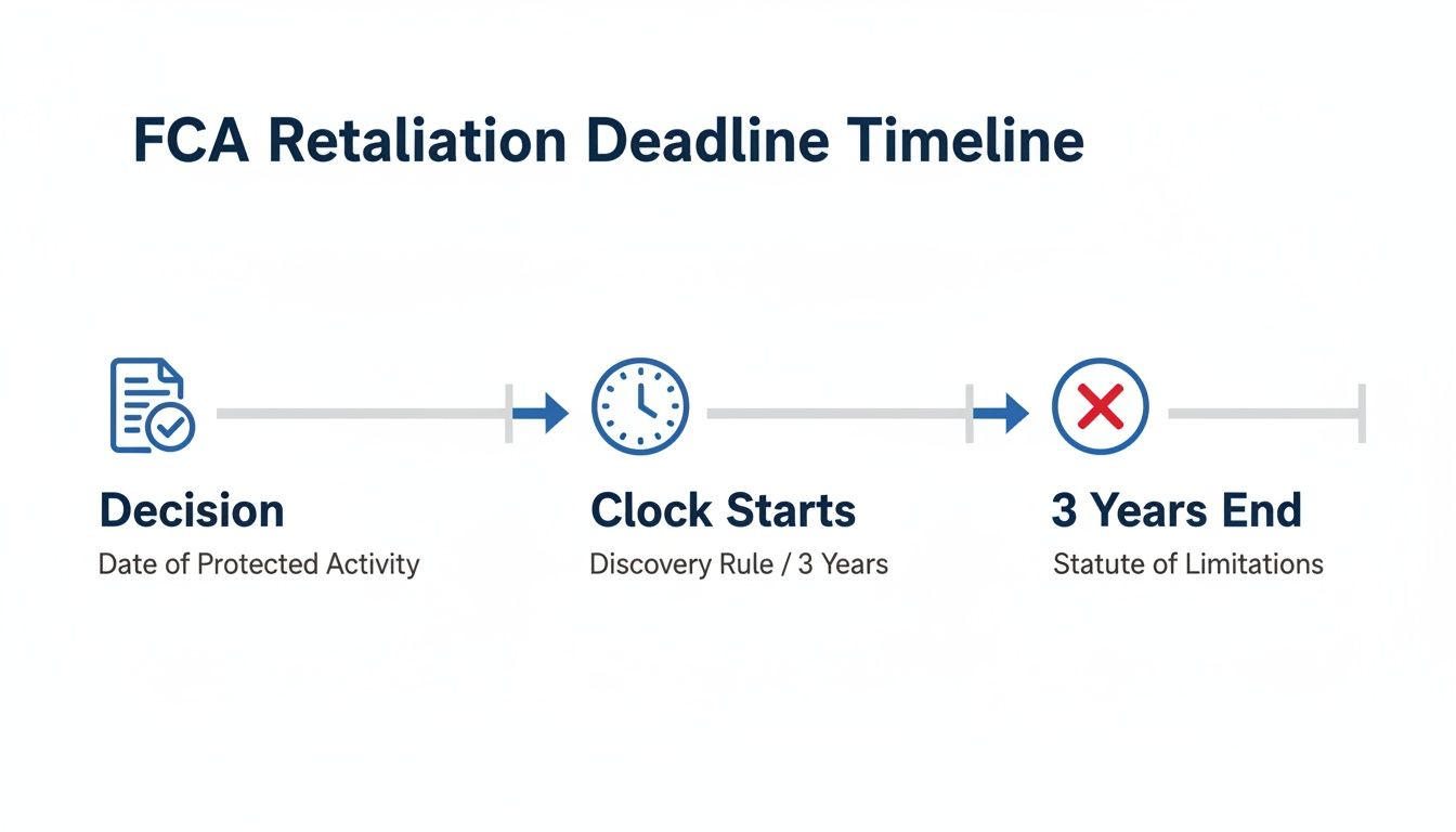 FCA Retaliation Deadline Timeline showing decision, clock start, and 3 years end for statute of limitations.