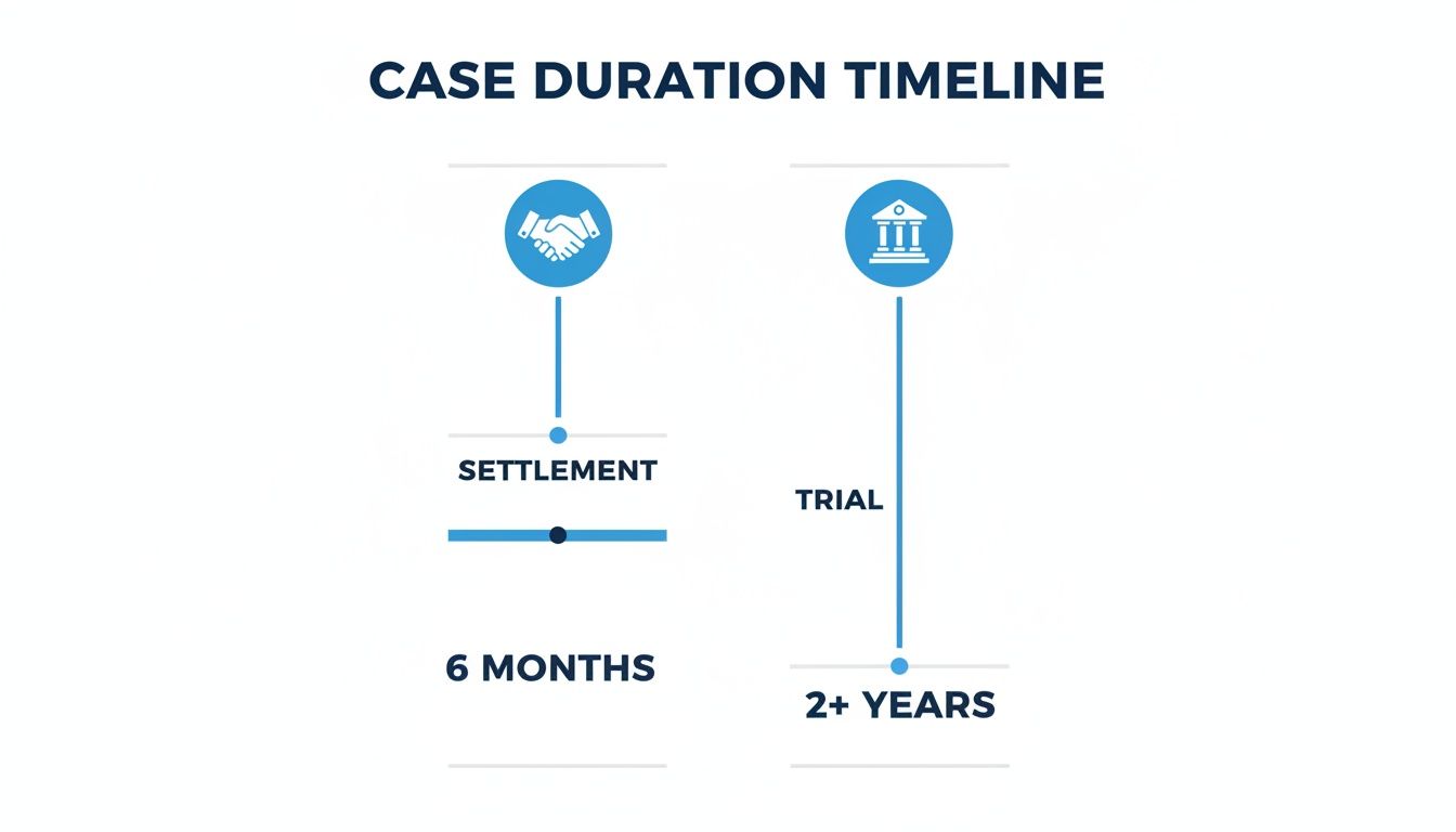 A timeline comparing case durations: settlement takes 6 months, while trial takes 2+ years.