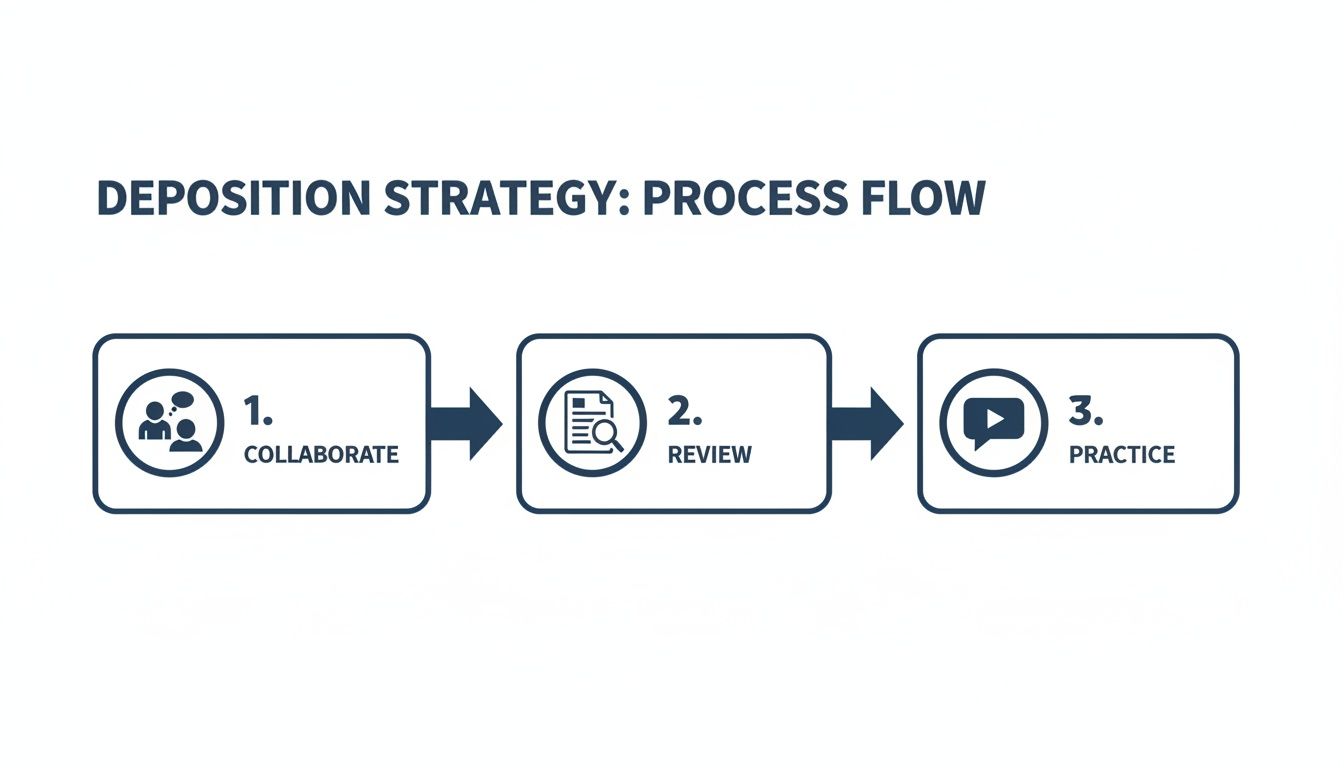 A three-step process flow for deposition strategy, including collaborate, review, and practice.