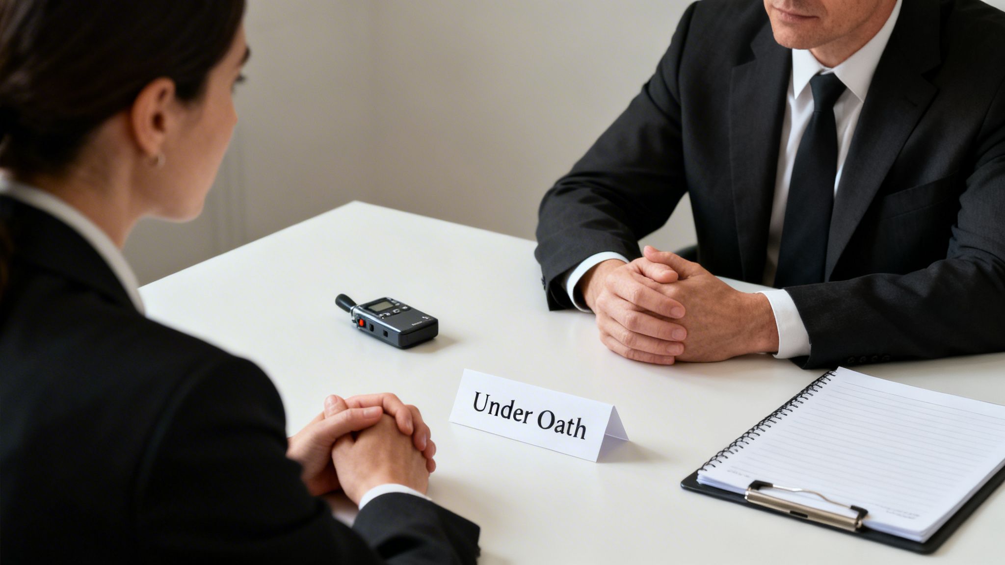 Two people in suits, a man and a woman, sitting at a table with a voice recorder and an 'Under Oath' sign, likely a deposition.