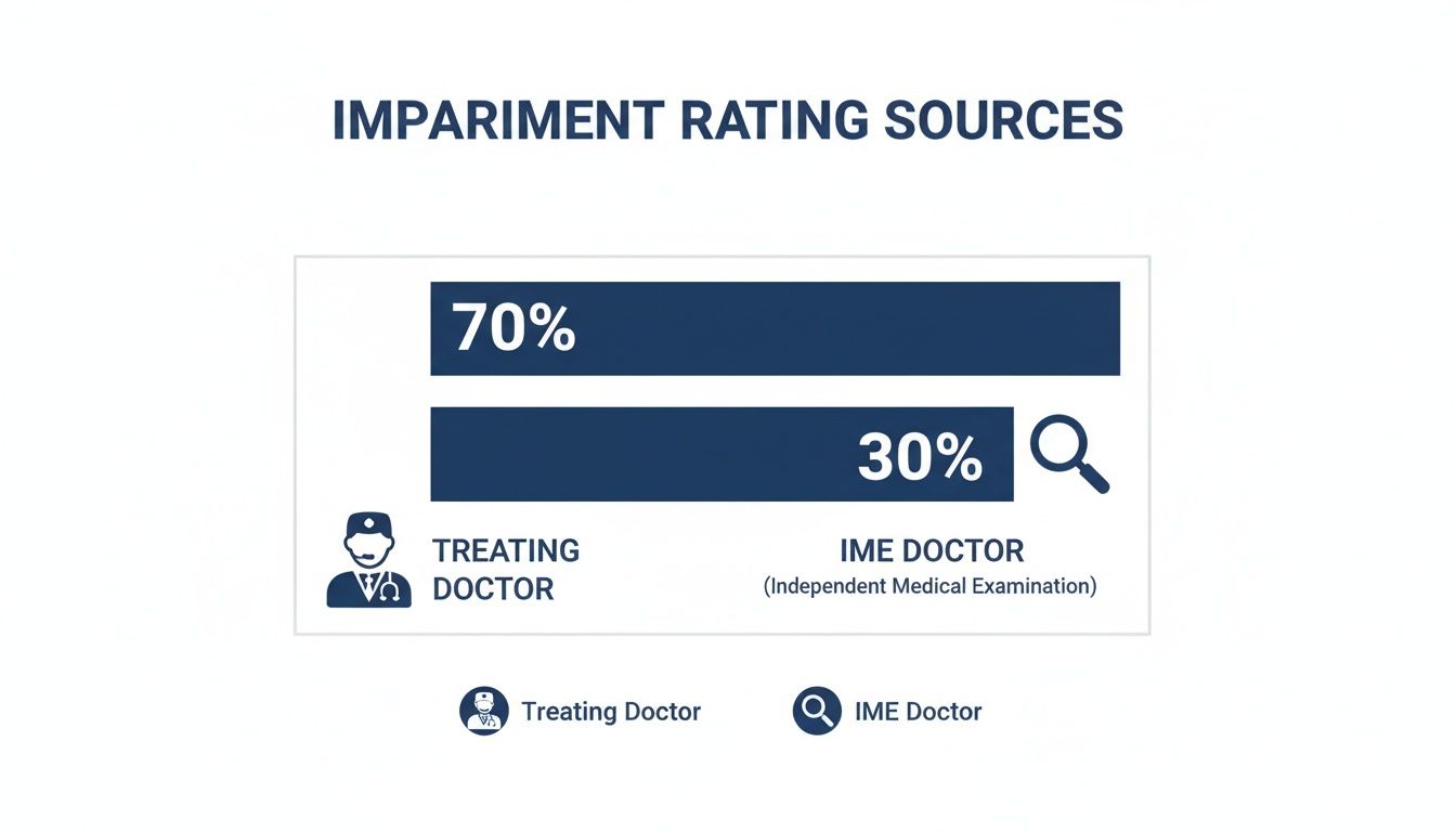 Impairment rating sources breakdown: 70% from treating doctors, 30% from IME doctors.