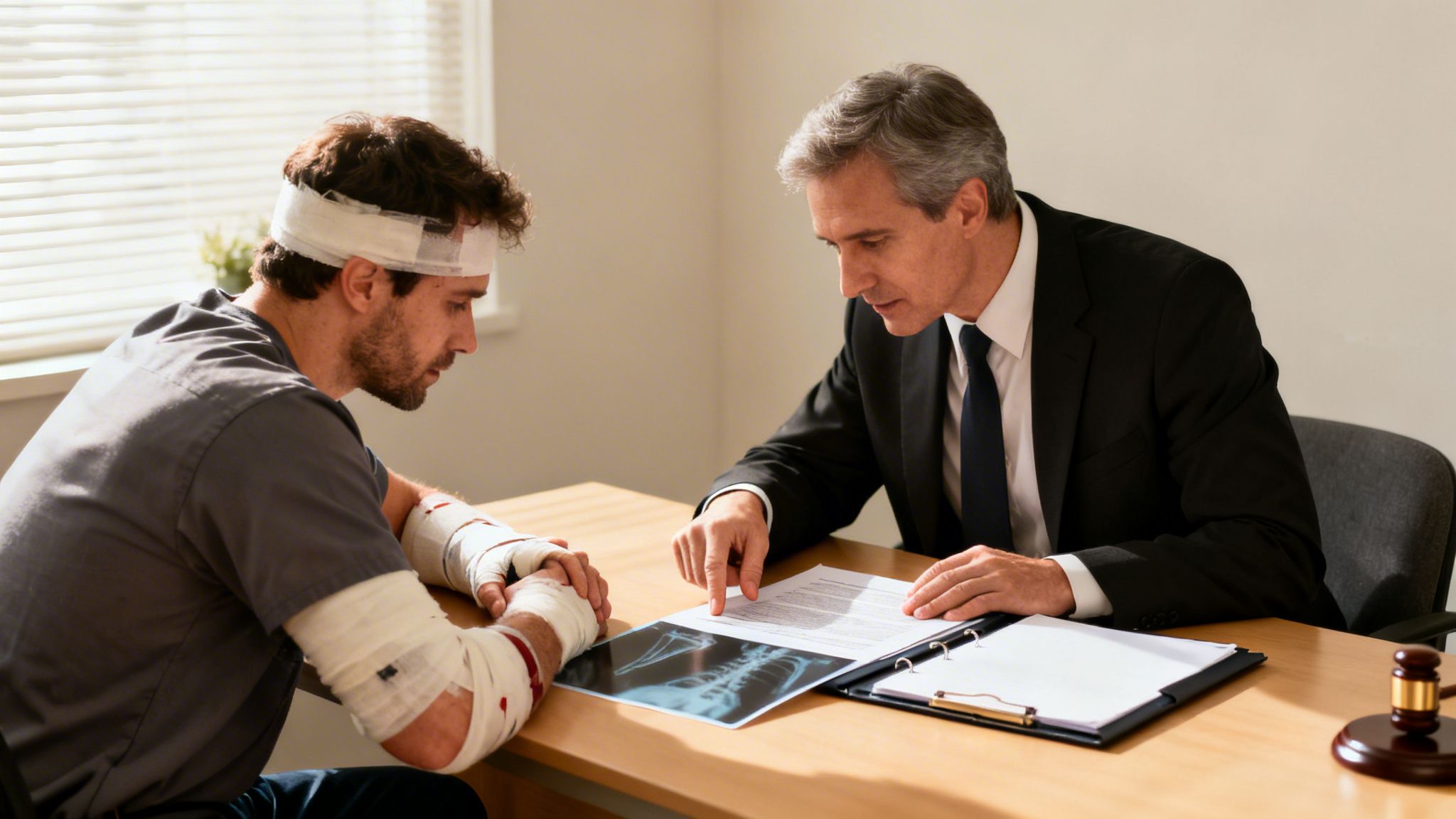 An injured man with head and arm bandages consults with a lawyer about his accident and injuries.