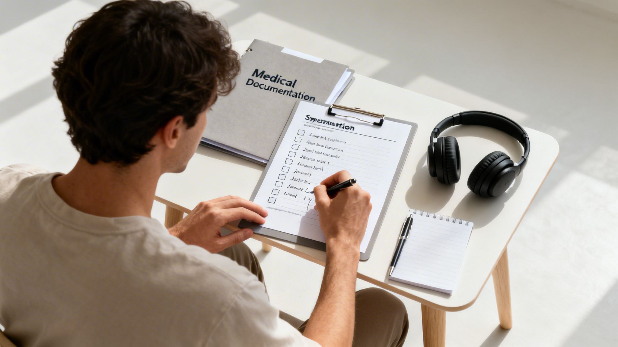 Person writing on a checklist at a desk with medical documentation and headphones.