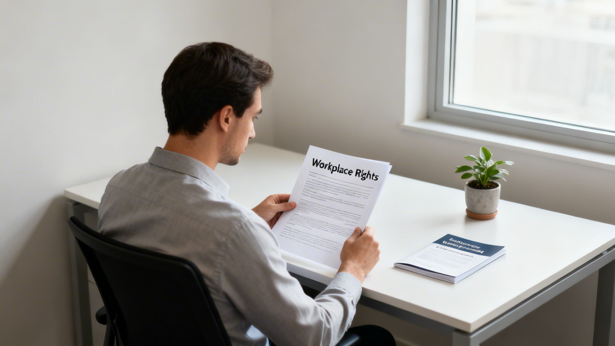 A man reads a 'Workplace Rights' document at a desk with a plant and another book.