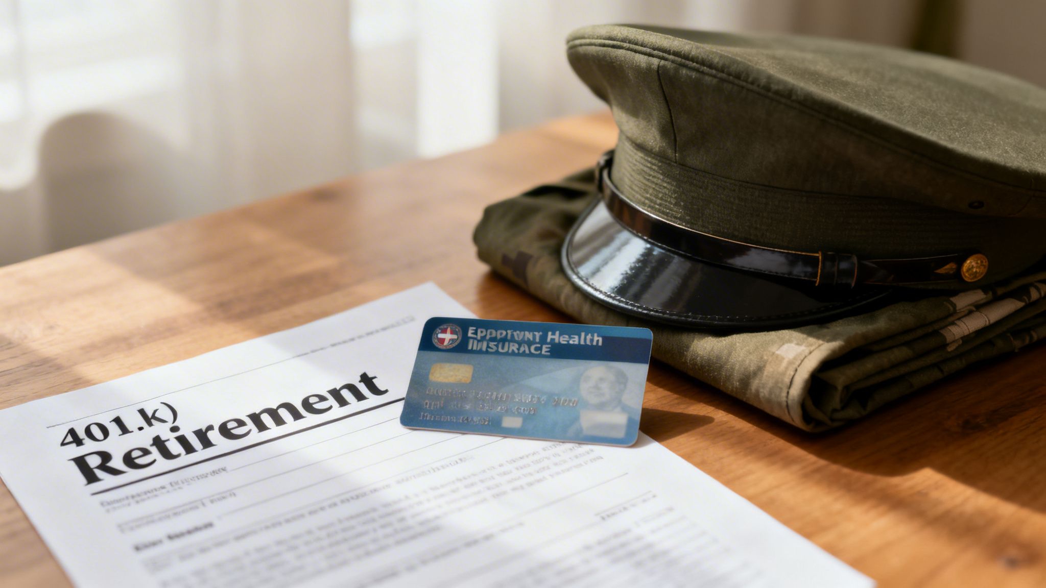 A military uniform, health insurance card, and 401(k) retirement document on a wooden table.