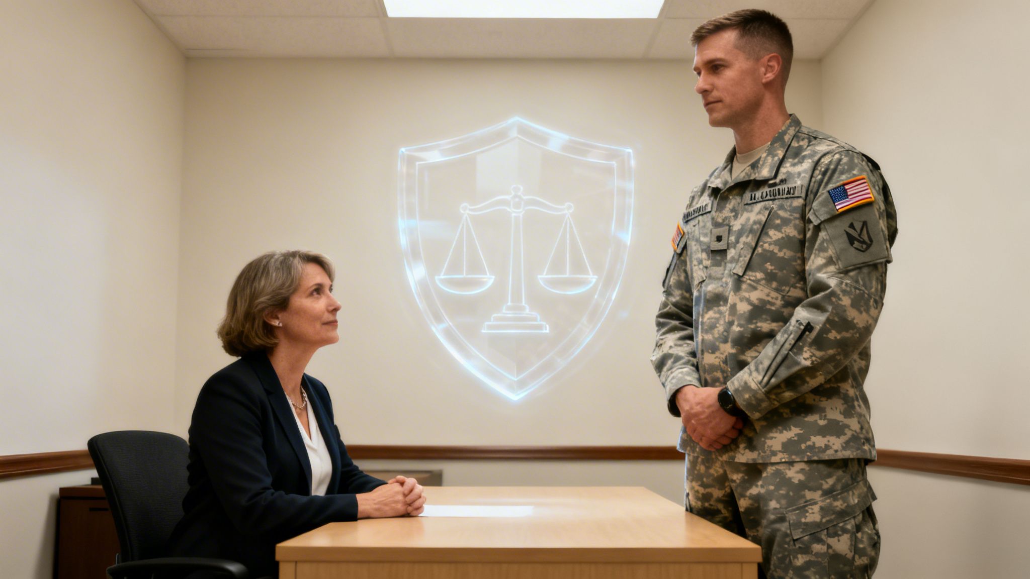 A soldier stands before a woman lawyer at a desk with a holographic justice symbol.
