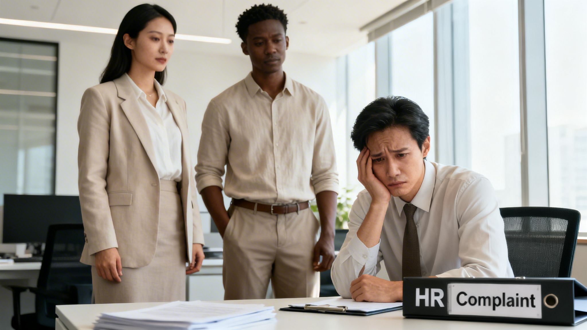 A distressed man sits at a desk with an 'HR Complaint' binder, while two colleagues stand nearby.