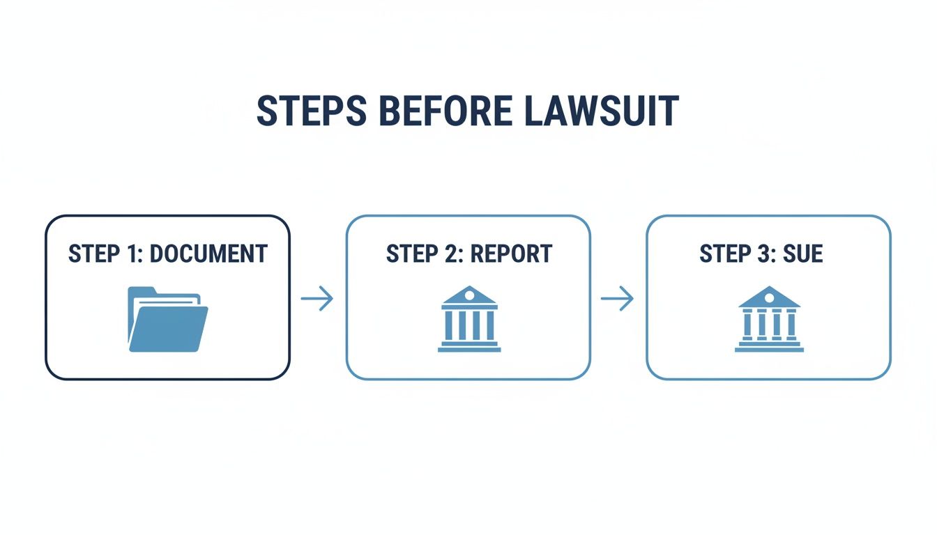 A three-step flowchart illustrating the process of documenting, reporting, and suing before a lawsuit.