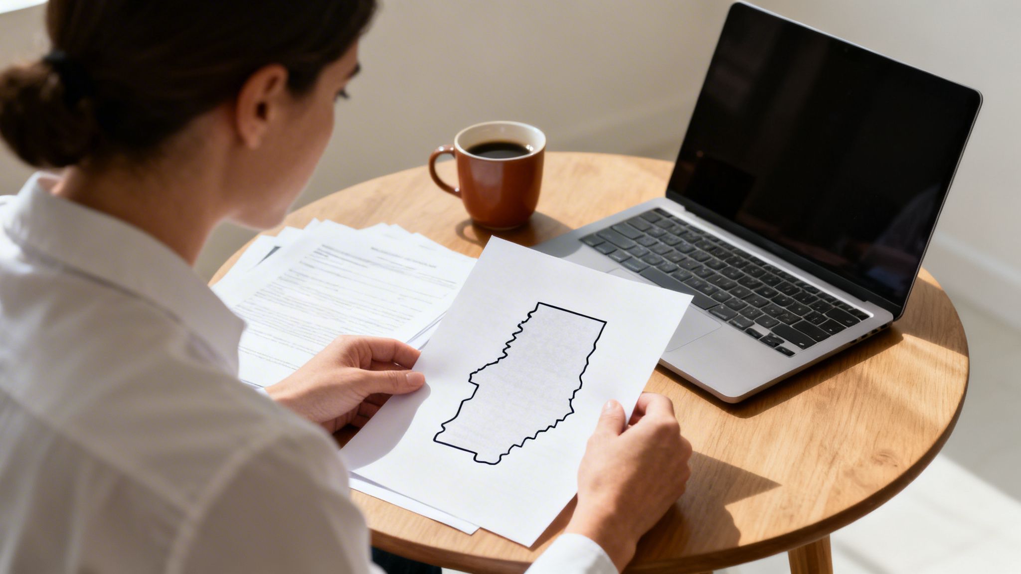 A person reviews a map outline on paper at a wooden table with a laptop and coffee.