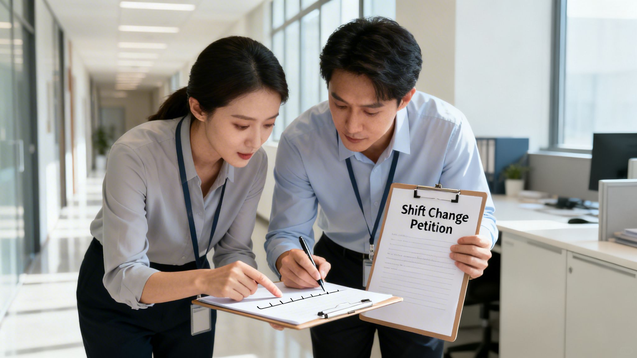 Two office workers review a 'Shift Change Petition' on clipboards, collaborating in a bright office.