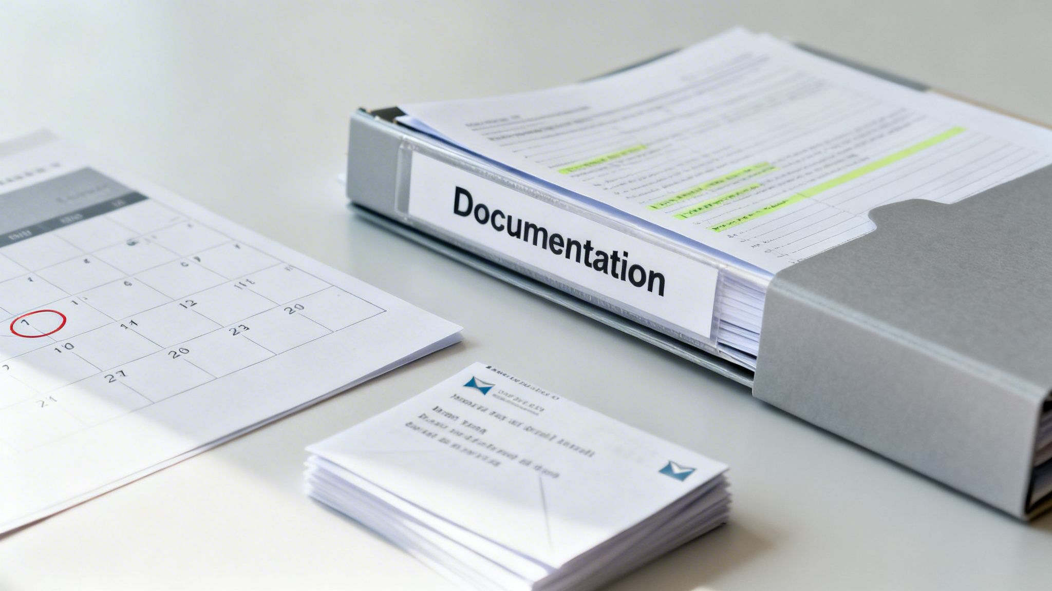 A close-up of an office desk showing a 'Documentation' binder, calendar with a circled date, and envelopes.