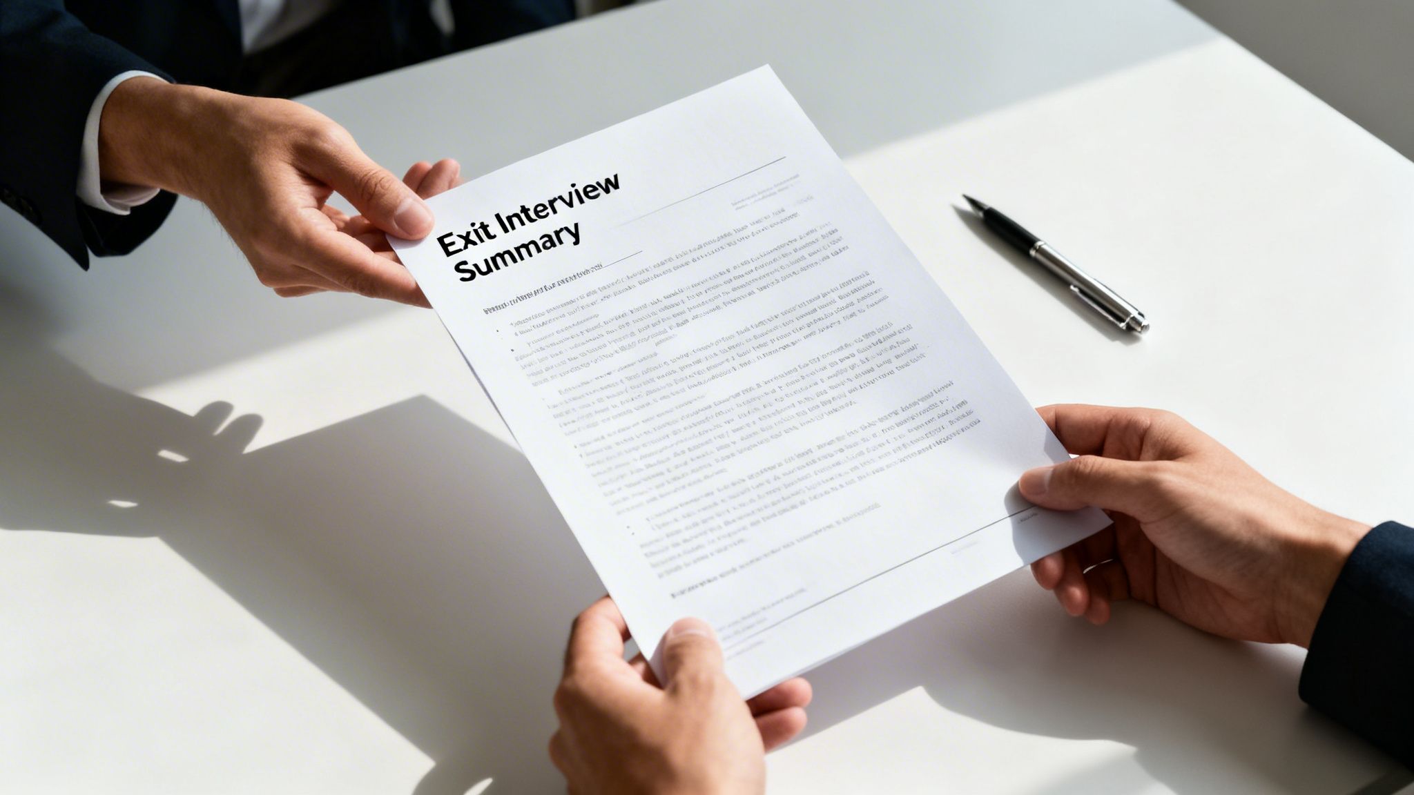 Two business professionals exchange a document titled 'Exit Interview Summary' across a bright white table.