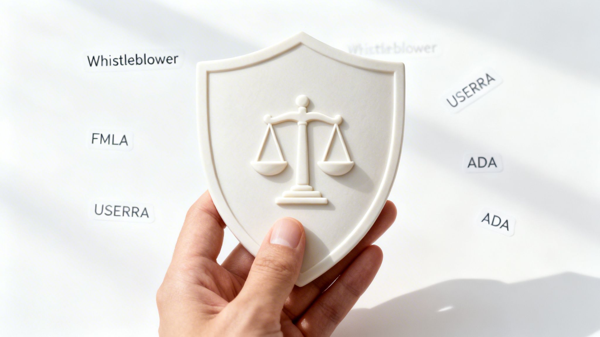 A hand holds a shield with scales of justice, surrounded by labels like Whistleblower, FMLA, USERRA, and ADA, representing employee rights.