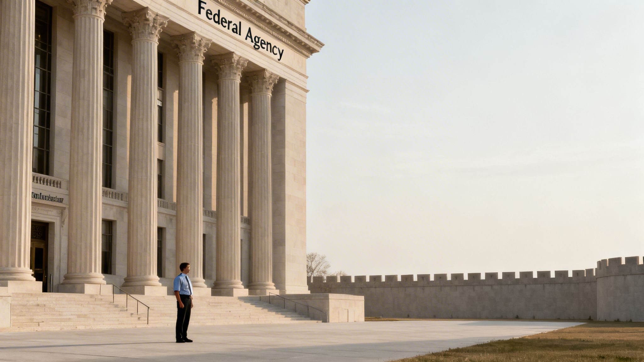 A man in a dress shirt and tie stands alone before a large 'Federal Agency' building with columns.
