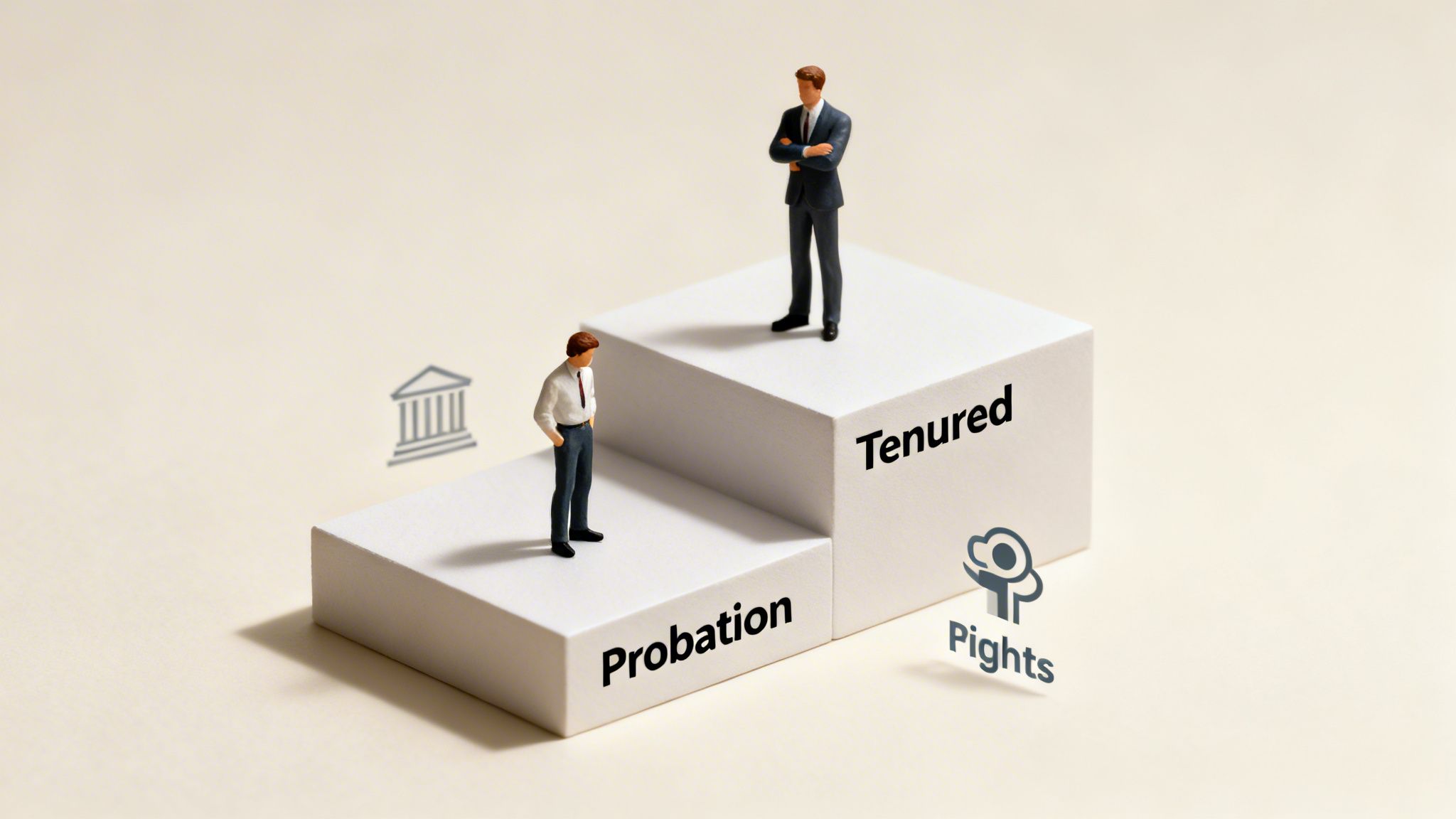 Two miniature figures on steps illustrate the career path from probation to tenured status.