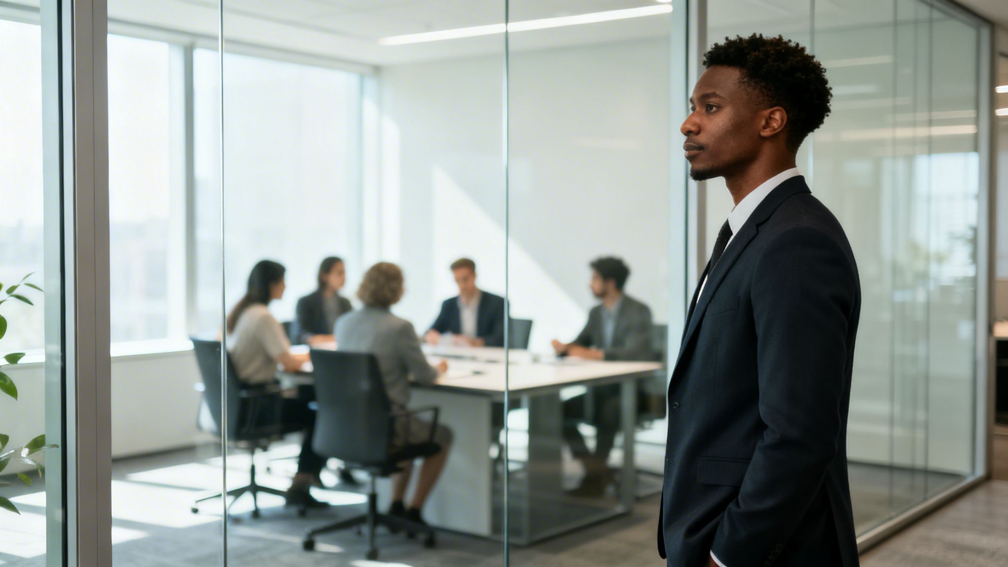 A focused businessman in a suit stands outside a meeting room with colleagues visible through glass.