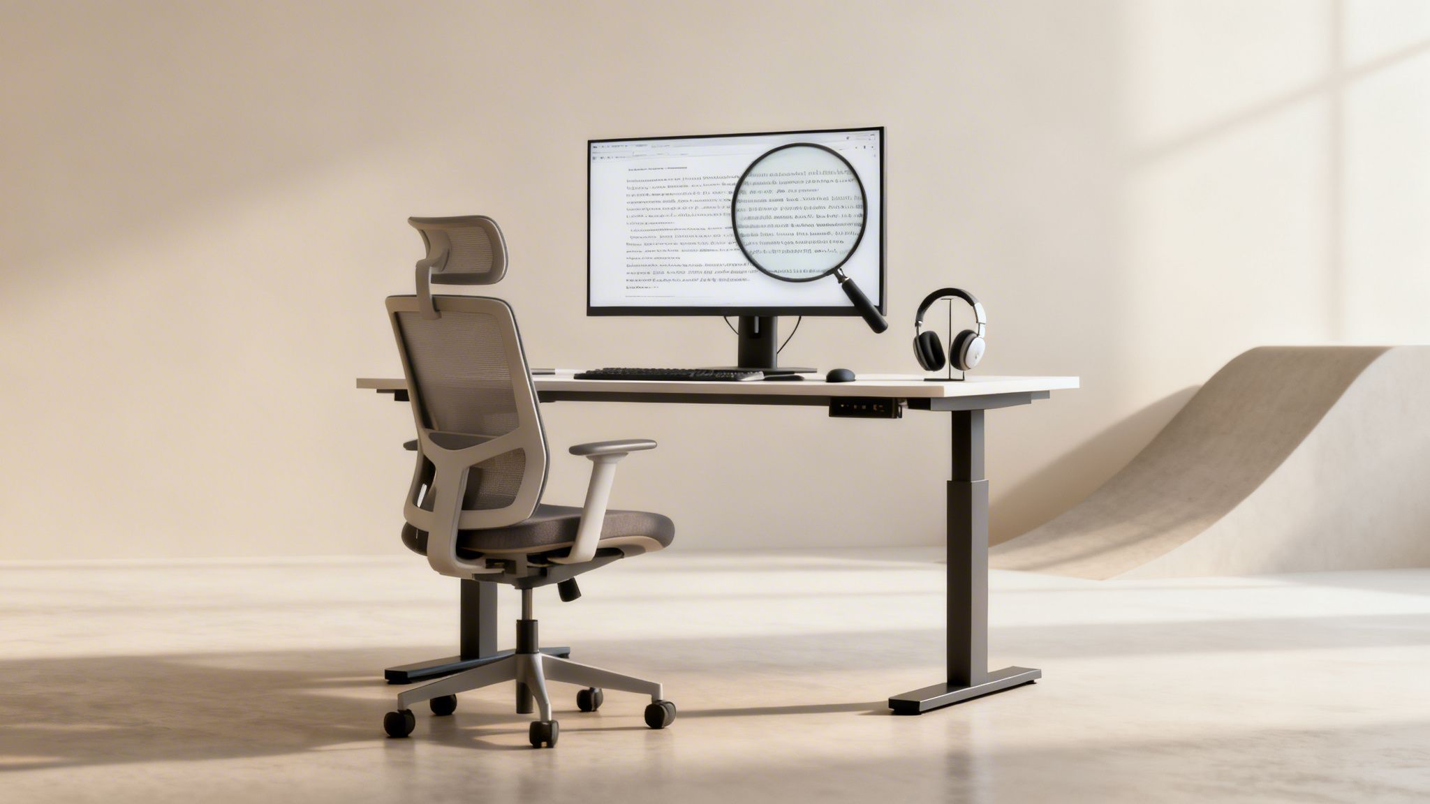 A modern ergonomic office setup with an adjustable desk, mesh chair, monitor, and headphones.