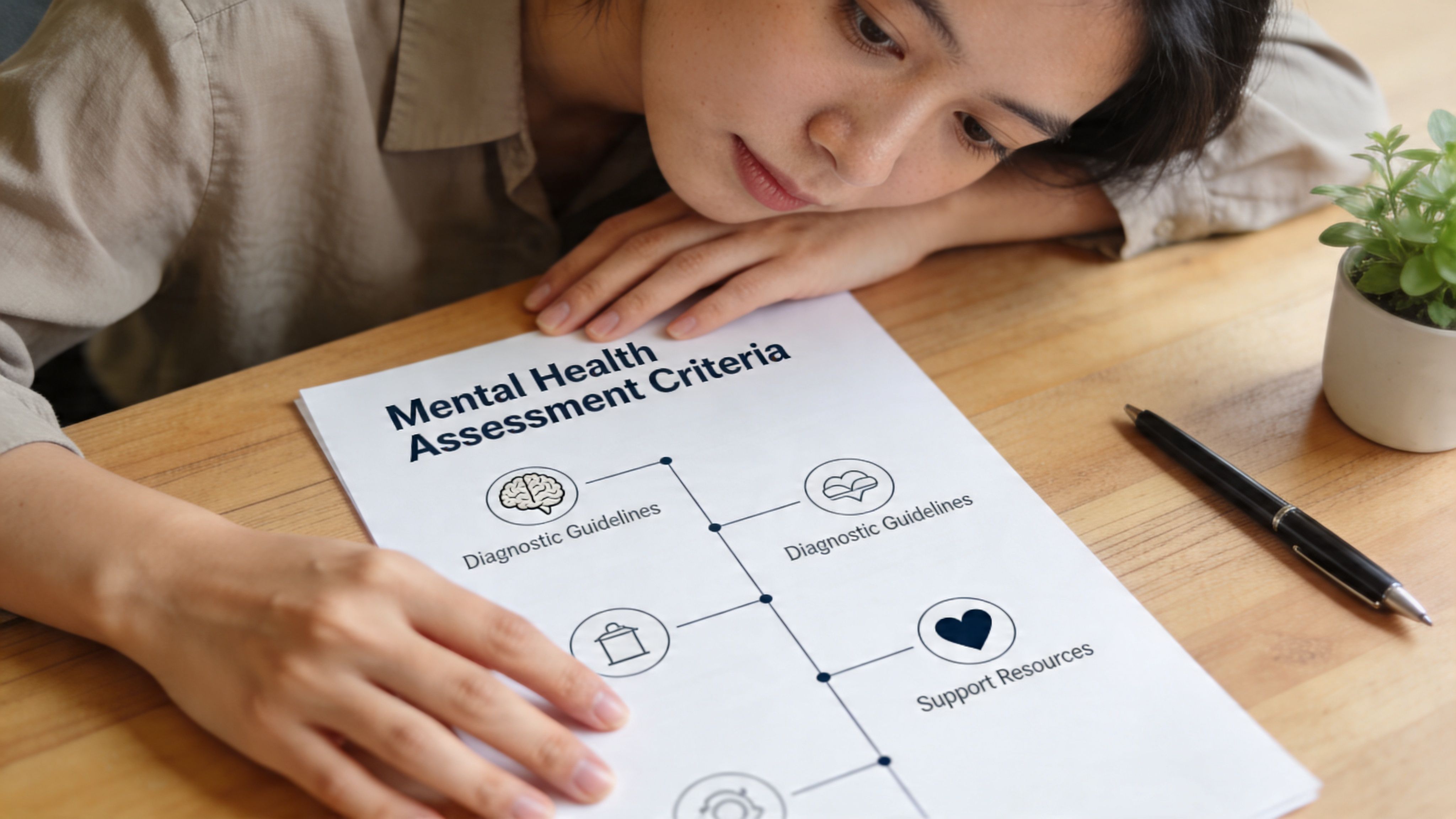 A person looking down at a paper titled Mental Health Assessment Criteria on a wooden desk.