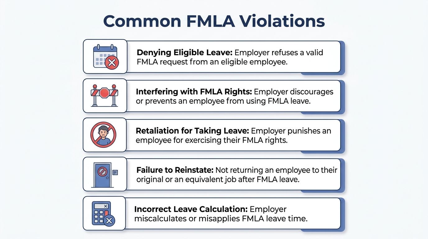 A list of five common Family and Medical Leave Act violations displayed in an educational infographic.