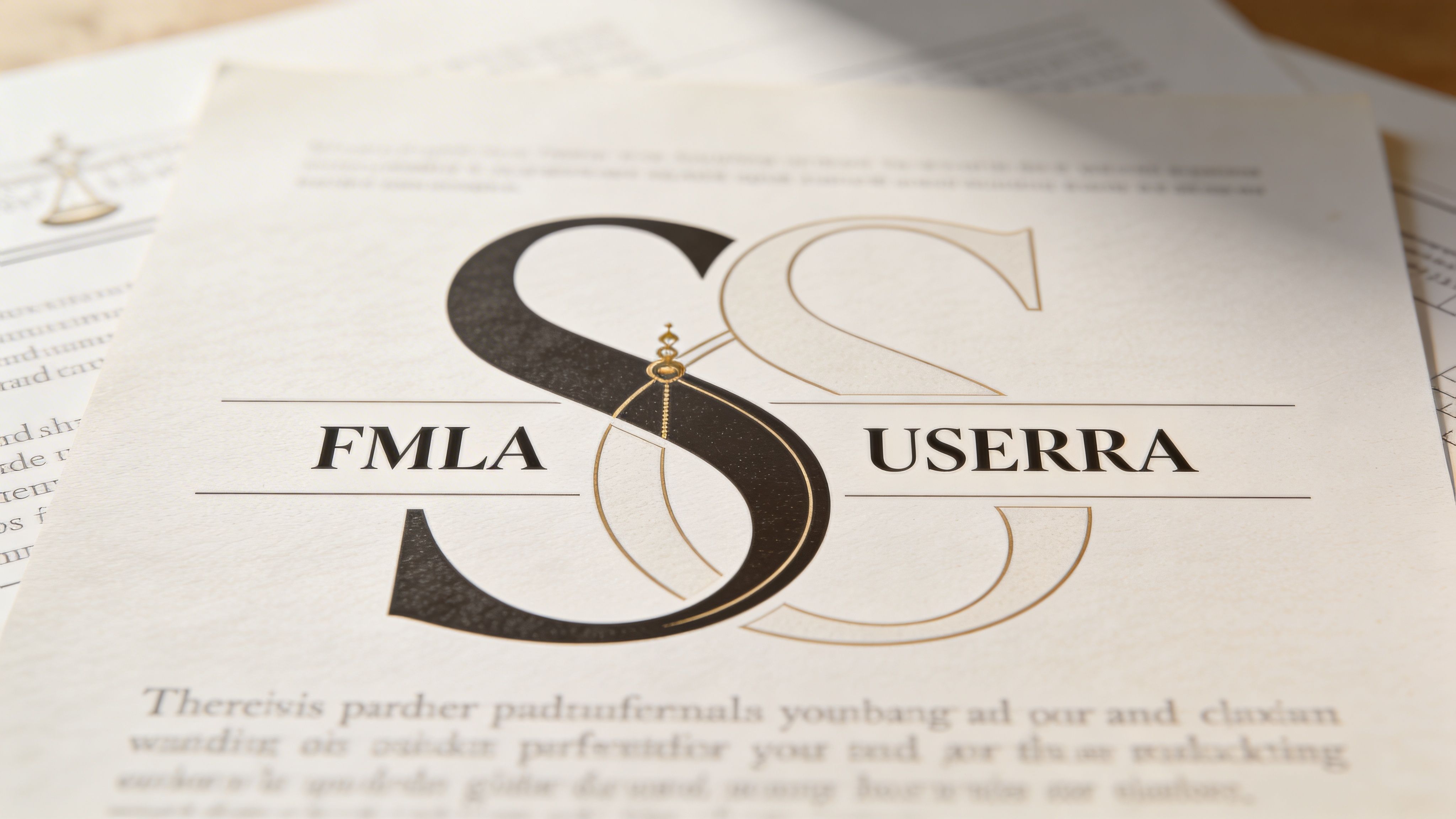 A document featuring the words FMLA and USERRA alongside a stylized letter S graphic on paper.