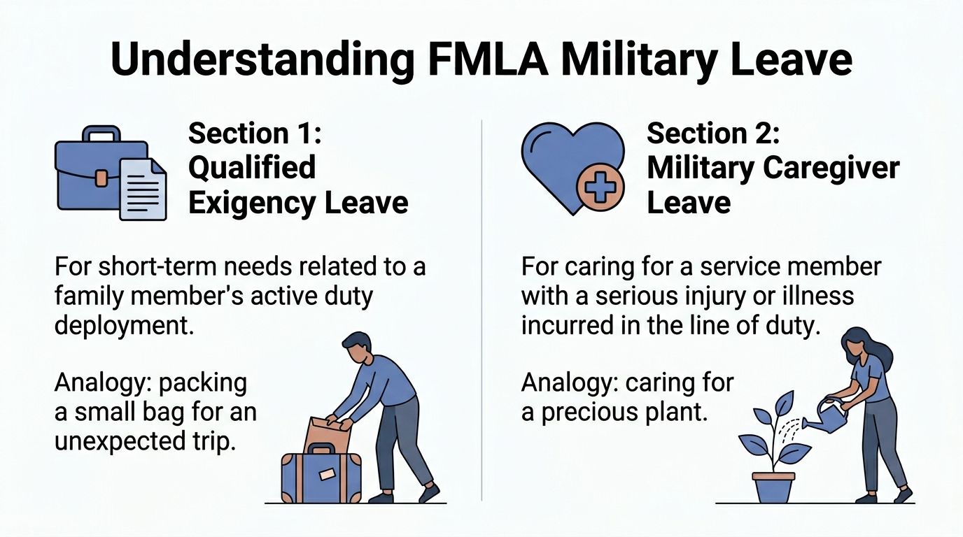 A graphic explaining FMLA Military Leave, outlining Qualified Exigency Leave and Military Caregiver Leave with simple analogies.
