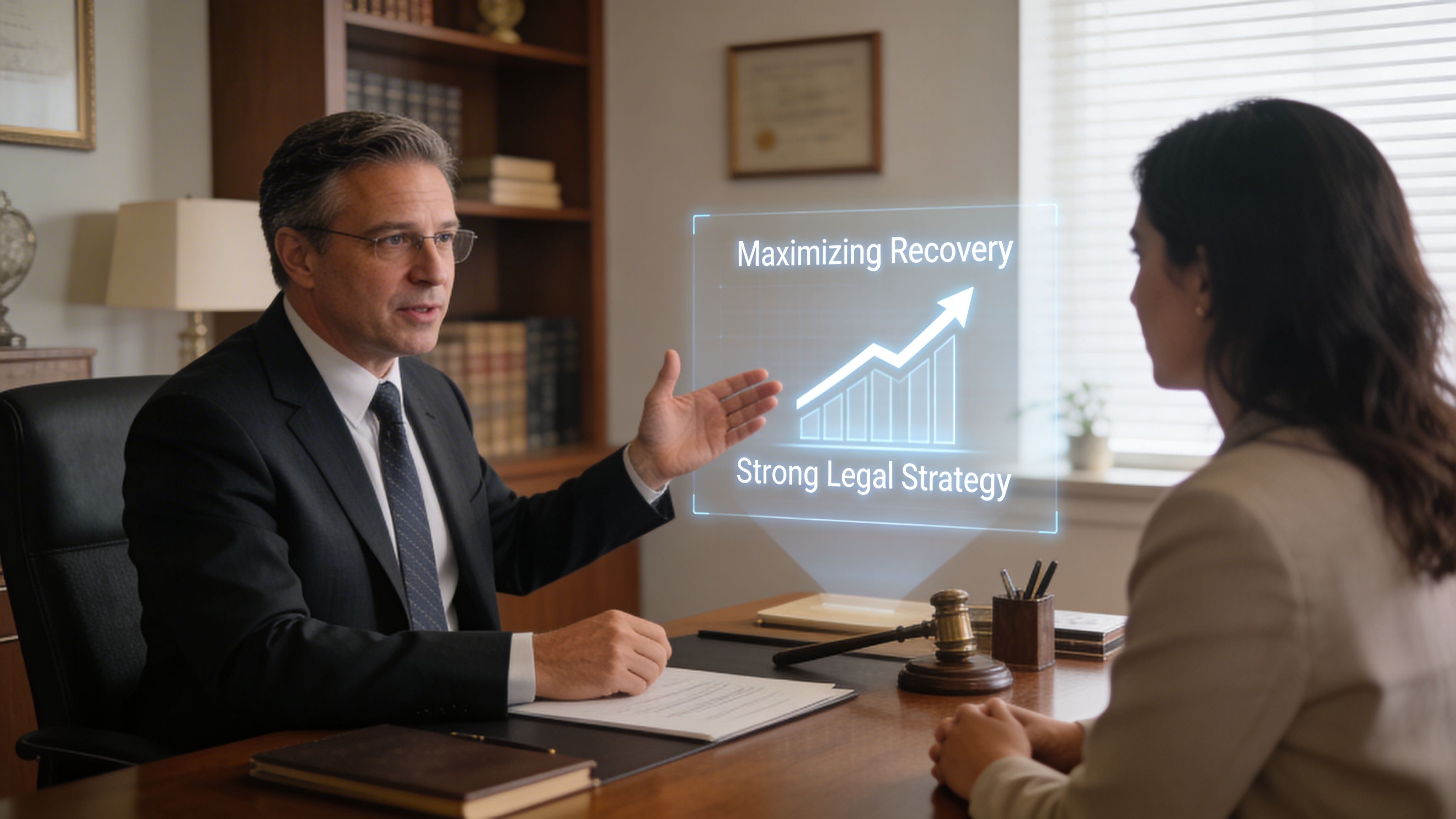 A professional lawyer discussing legal recovery strategies with a client in a traditional law office setting.