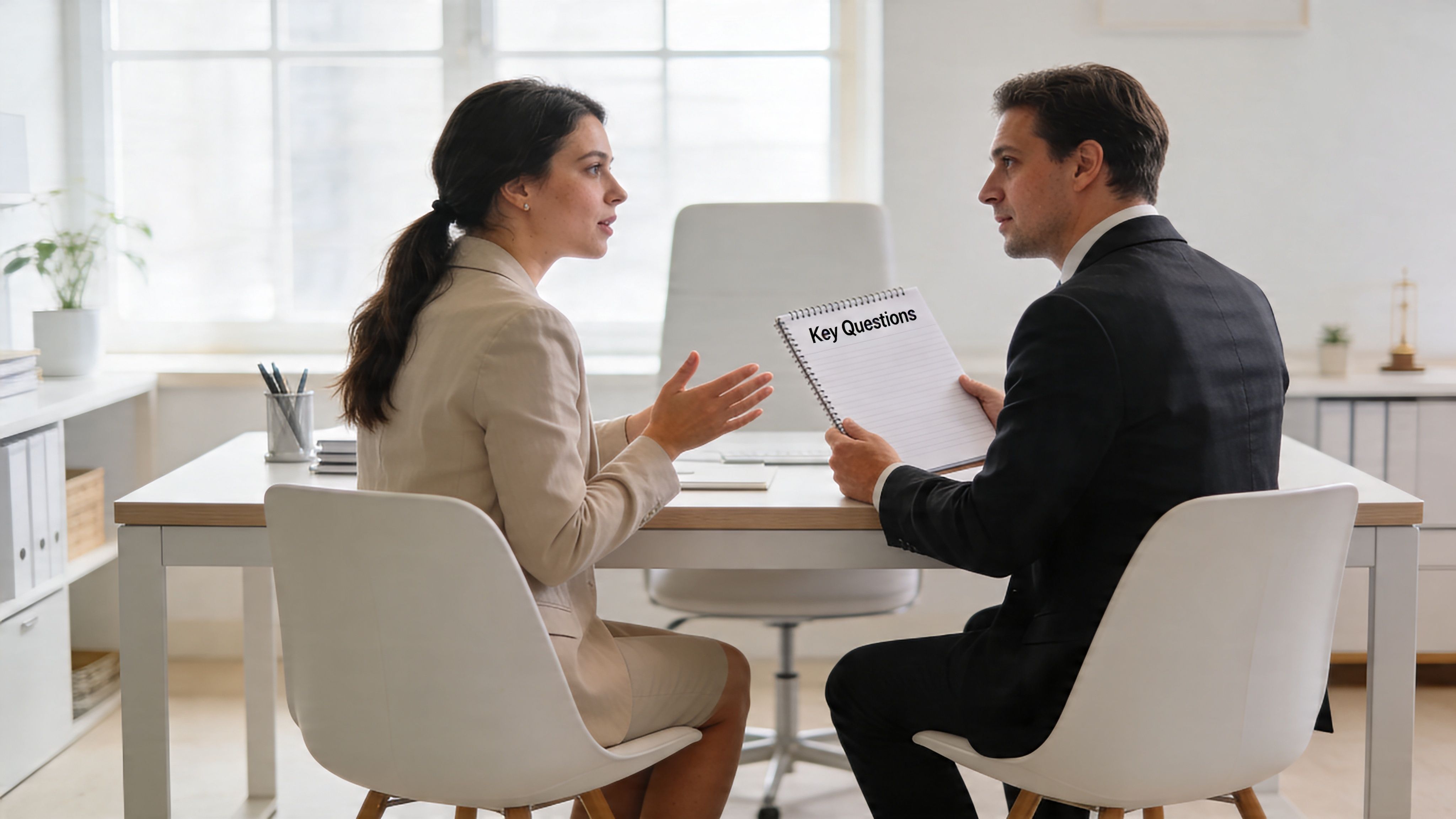A professional woman having a formal job interview with a male recruiter in a modern office.