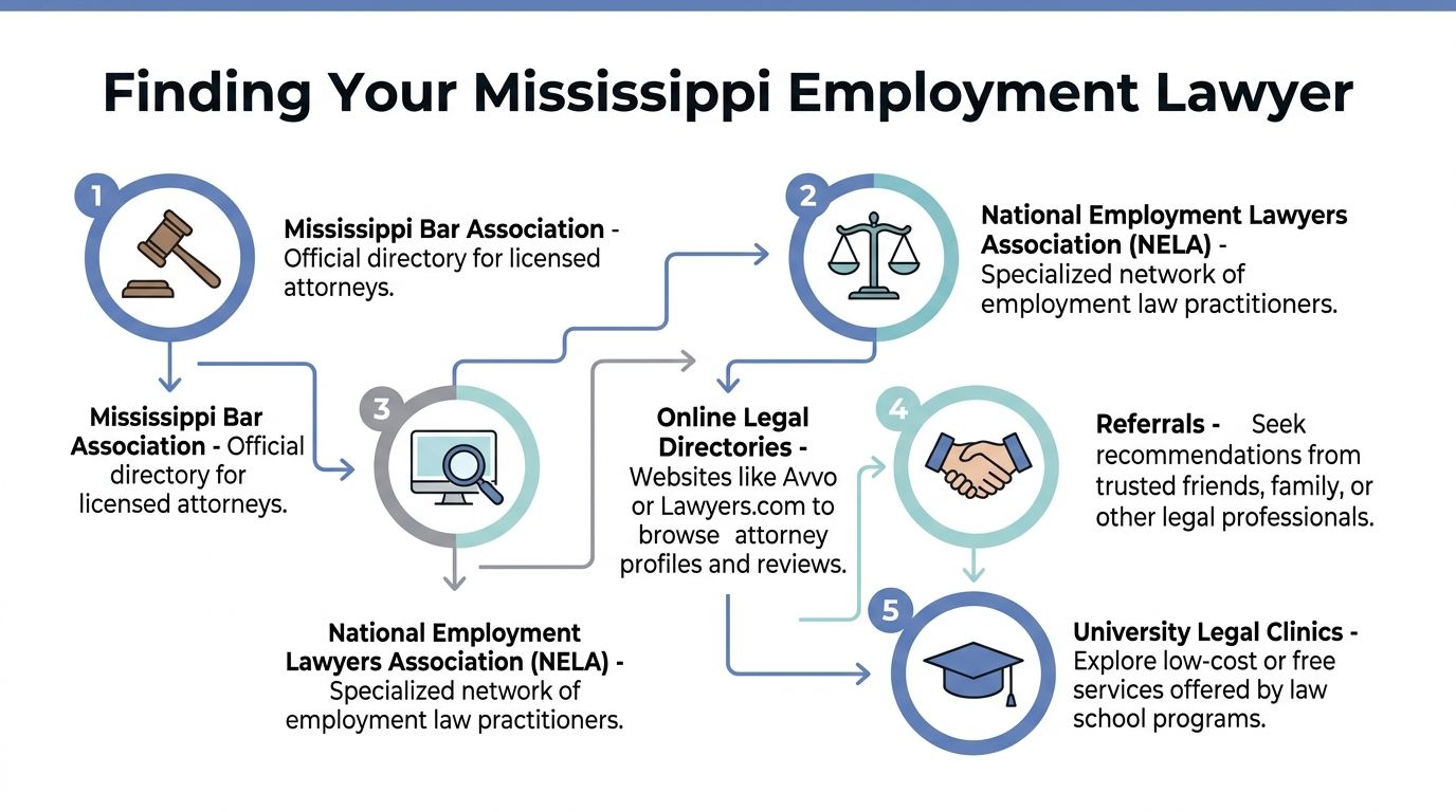 An infographic titled Finding Your Mississippi Employment Lawyer detailing five steps to locate qualified legal representation.
