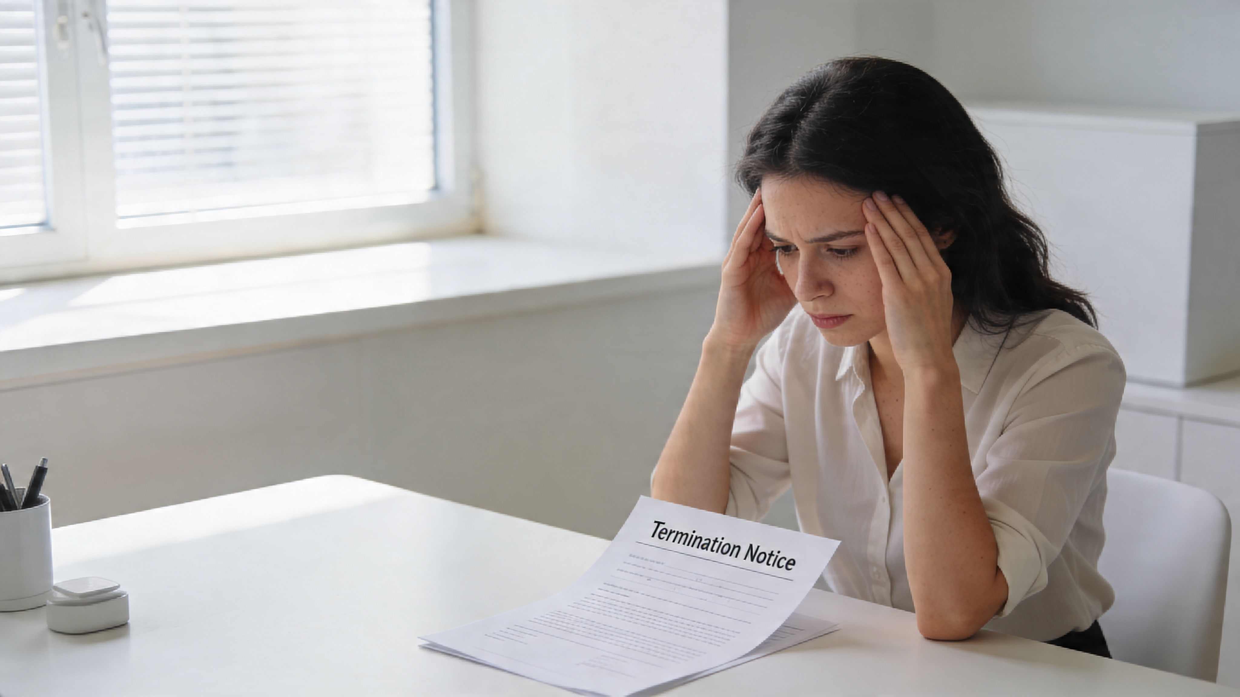 A stressed woman sitting at a desk while looking down at a formal employment termination notice document.