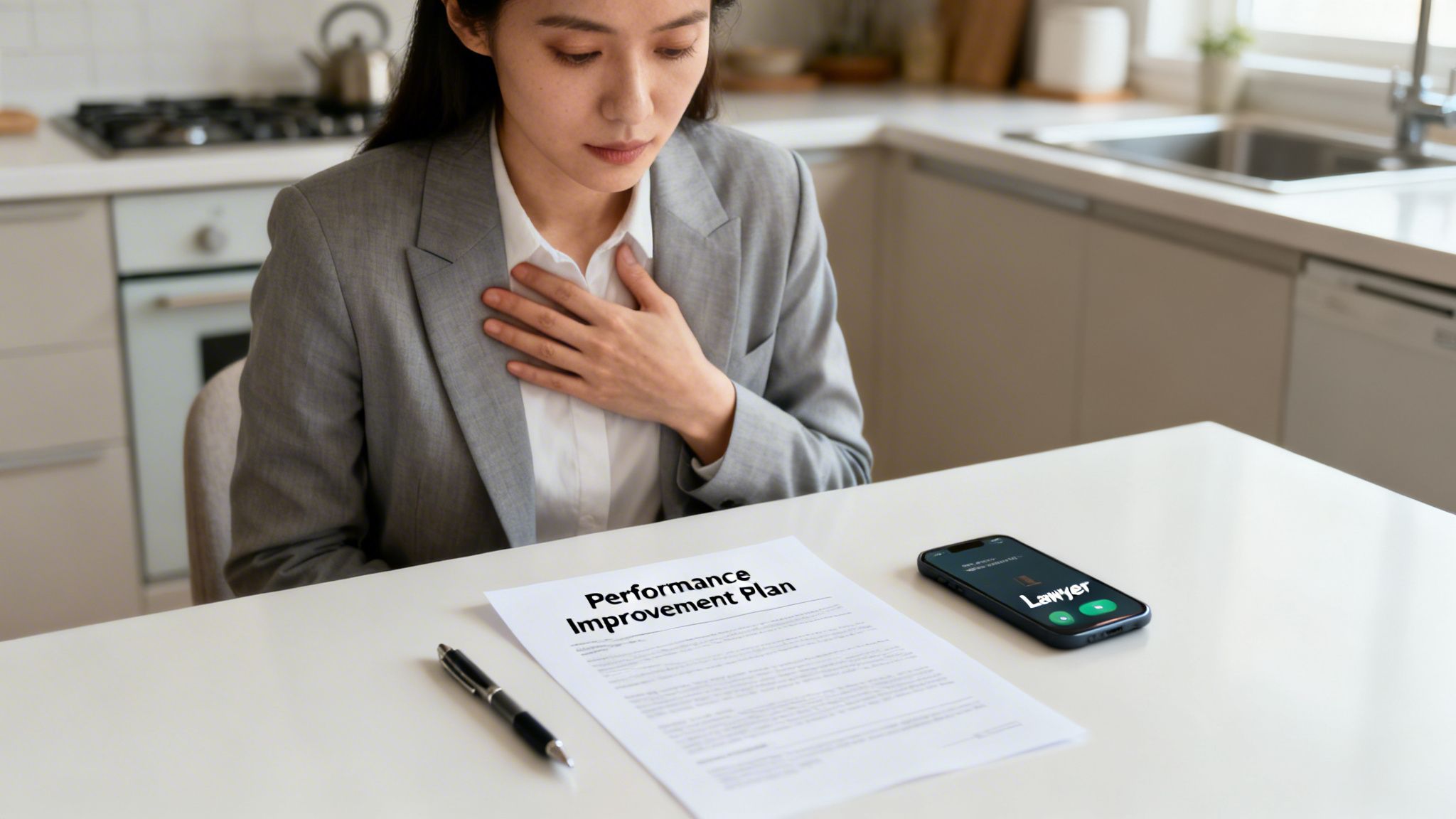 An anxious woman holds her chest, looking at a Performance Improvement Plan, with a phone showing 'Lawyer'.