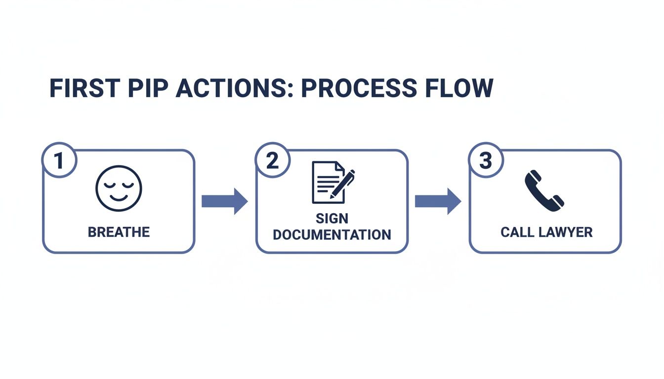 A three-step process flow for first PIP actions: breathe, sign documentation, and call lawyer.