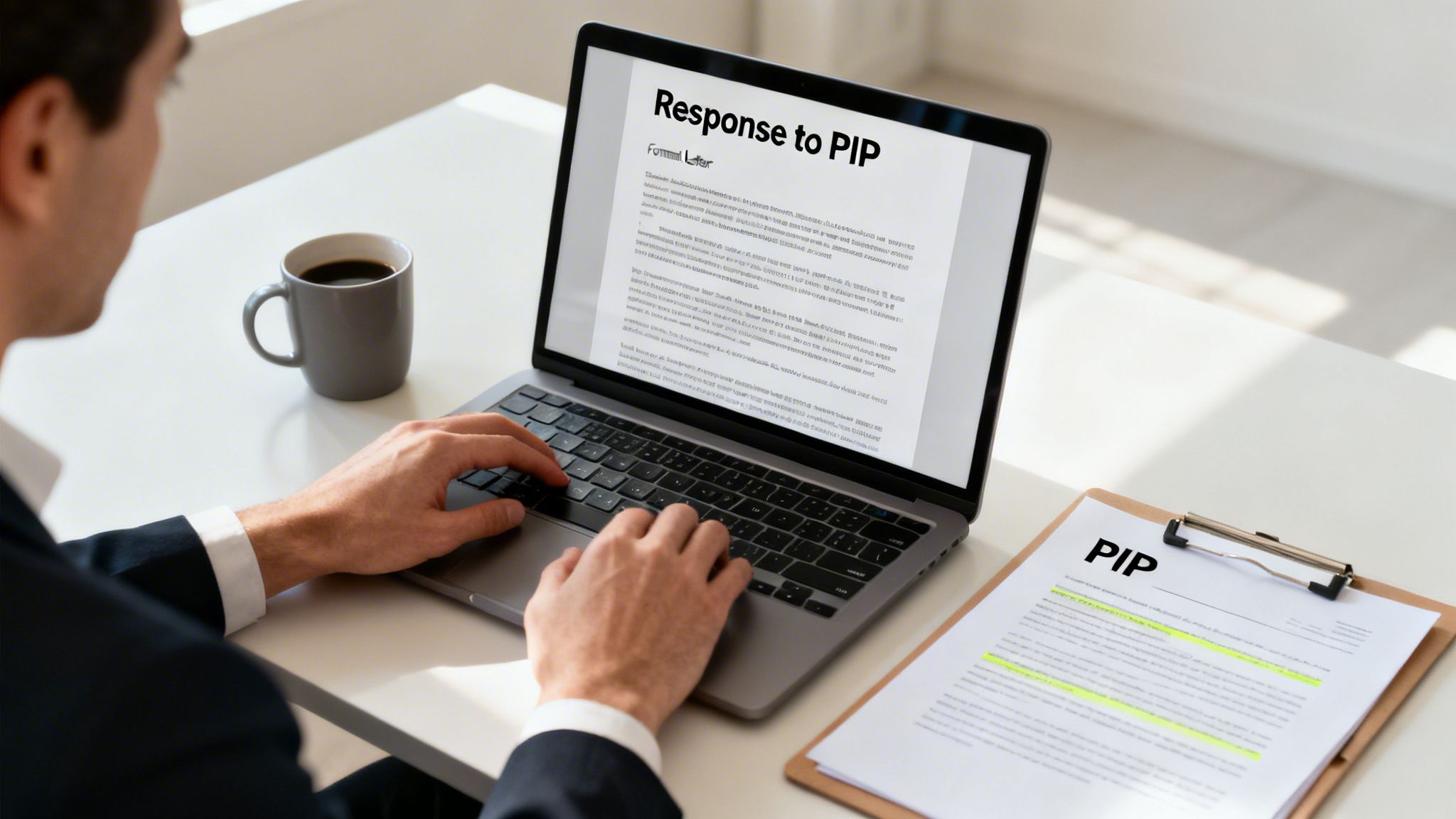 Man typing on laptop, preparing a 'Response to PIP' document, with a 'PIP' document on a clipboard nearby.
