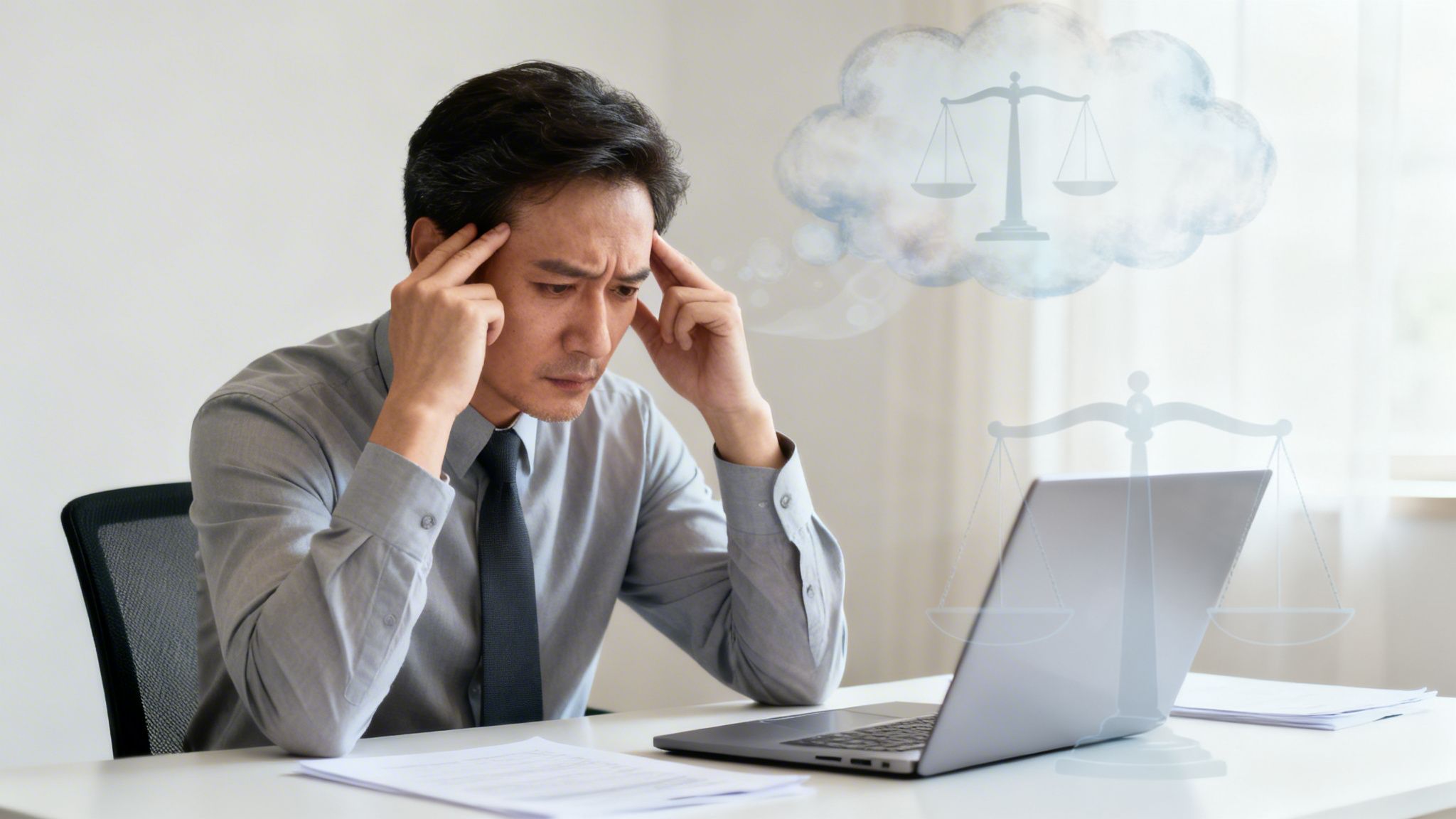 A thoughtful man in a shirt and tie, contemplating justice and legal decisions, with scales imagery.