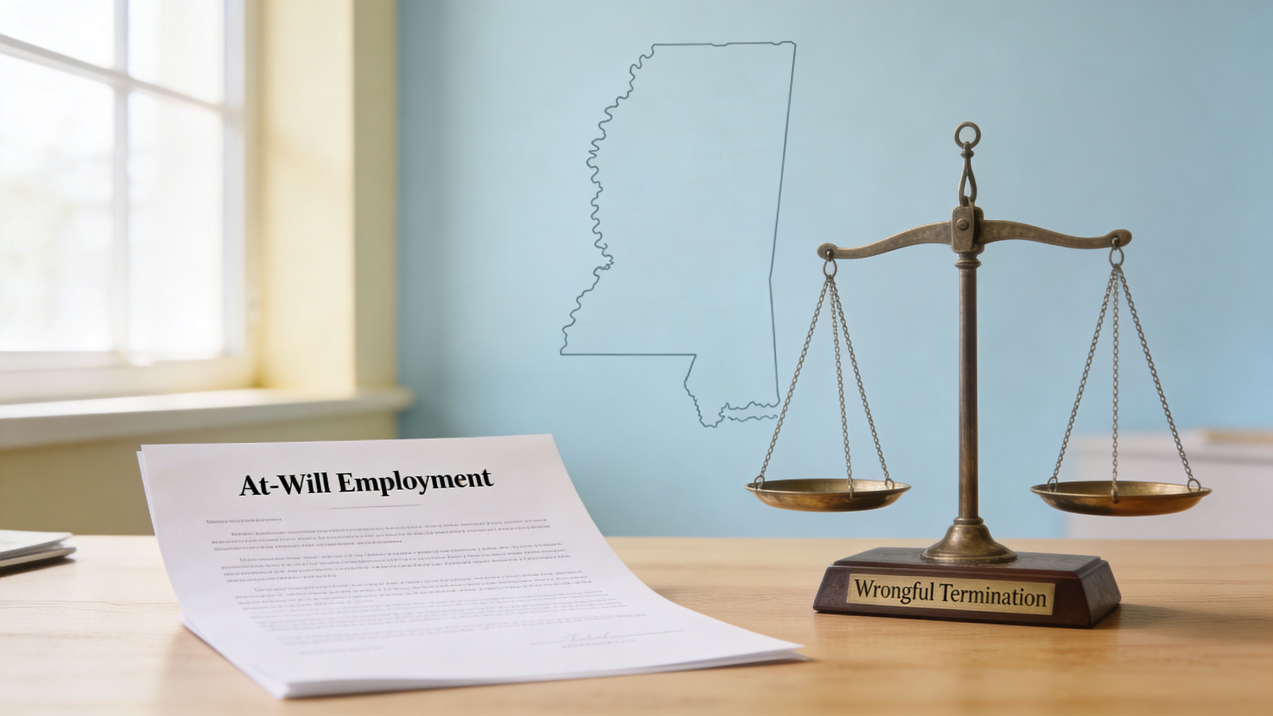 A document labeled At-Will Employment next to a balance scale representing wrongful termination in Mississippi.