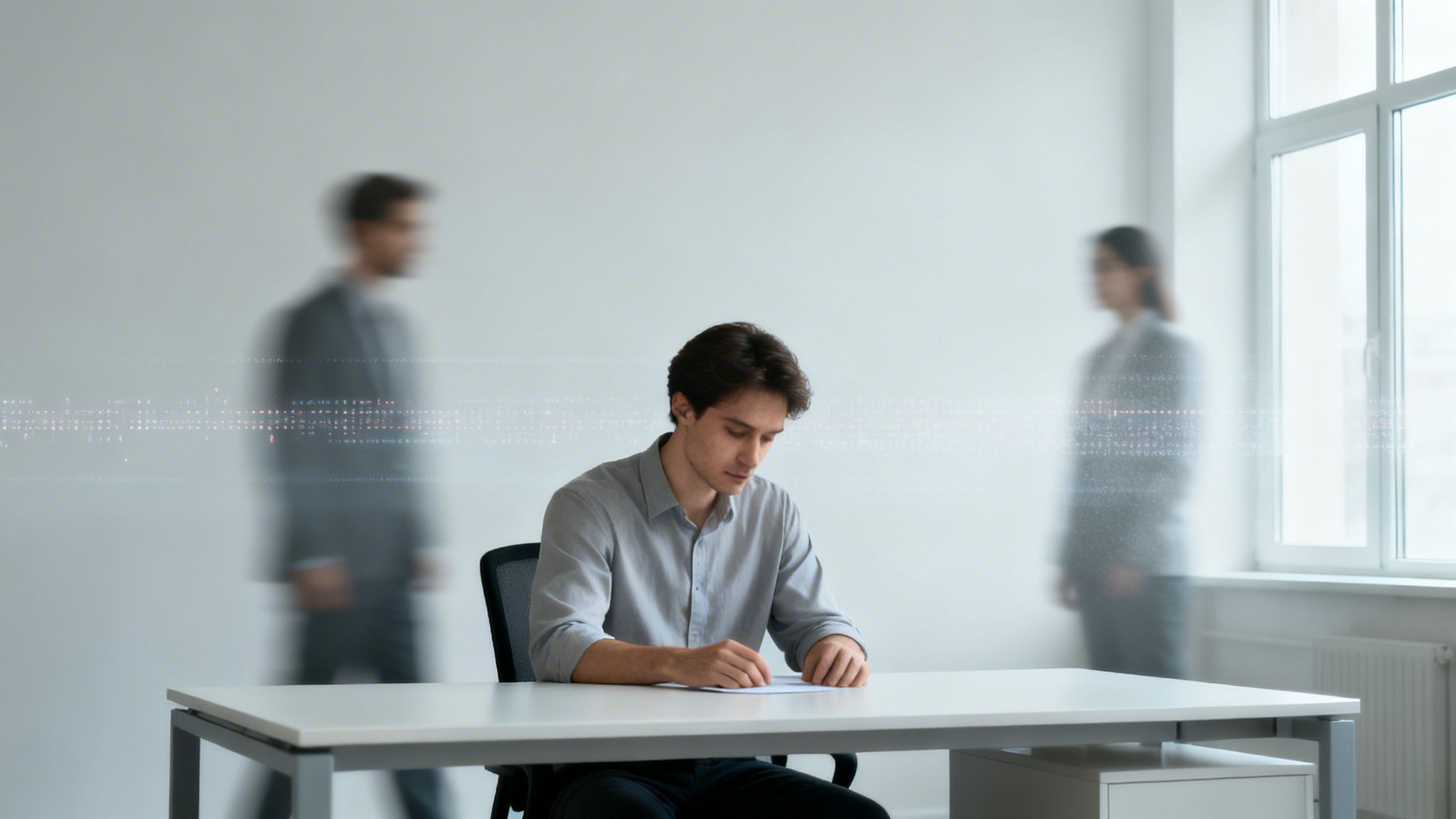 A focused young man signing documents at a modern desk, with blurred digital figures in the background.