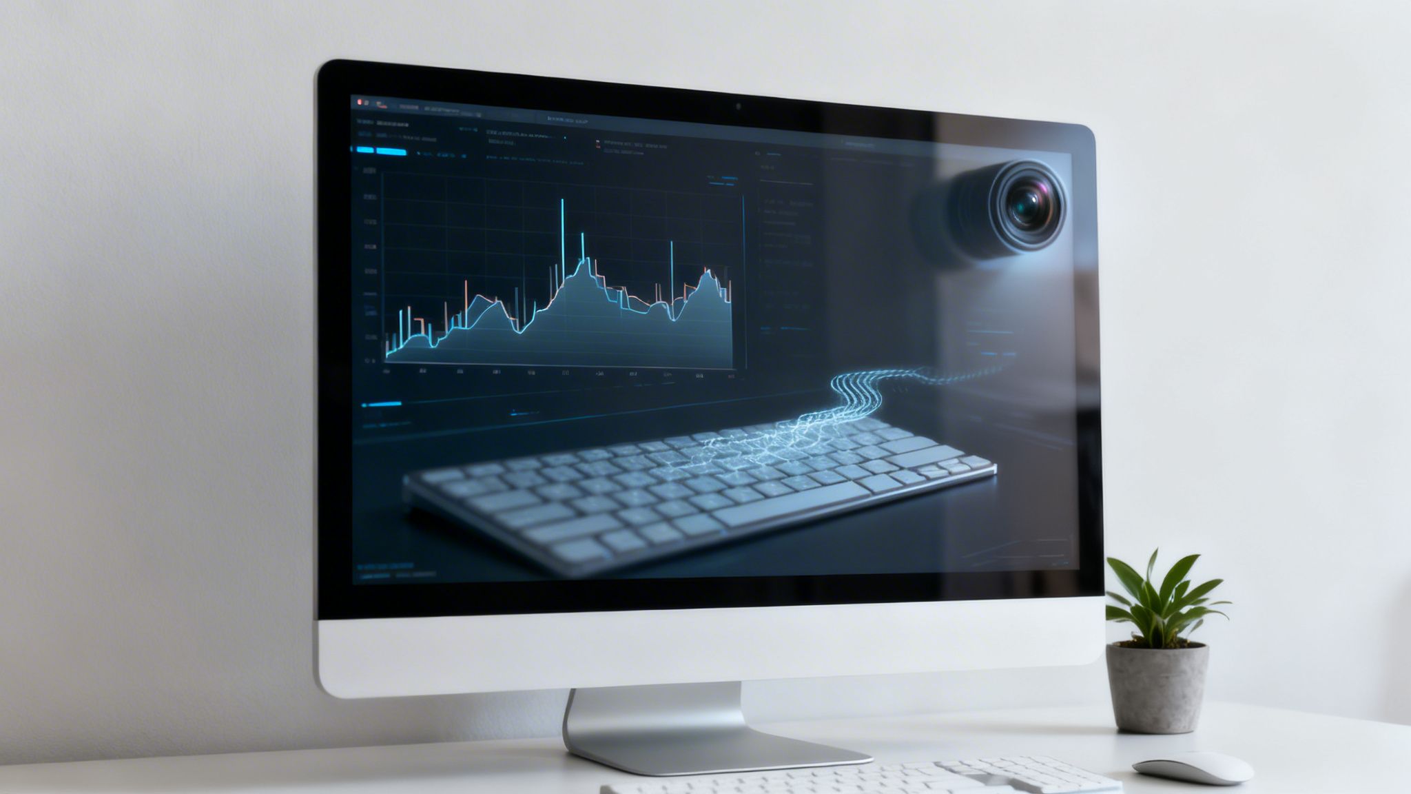 Modern desktop computer monitor displays a data graph, with a reflected glowing keyboard and camera.