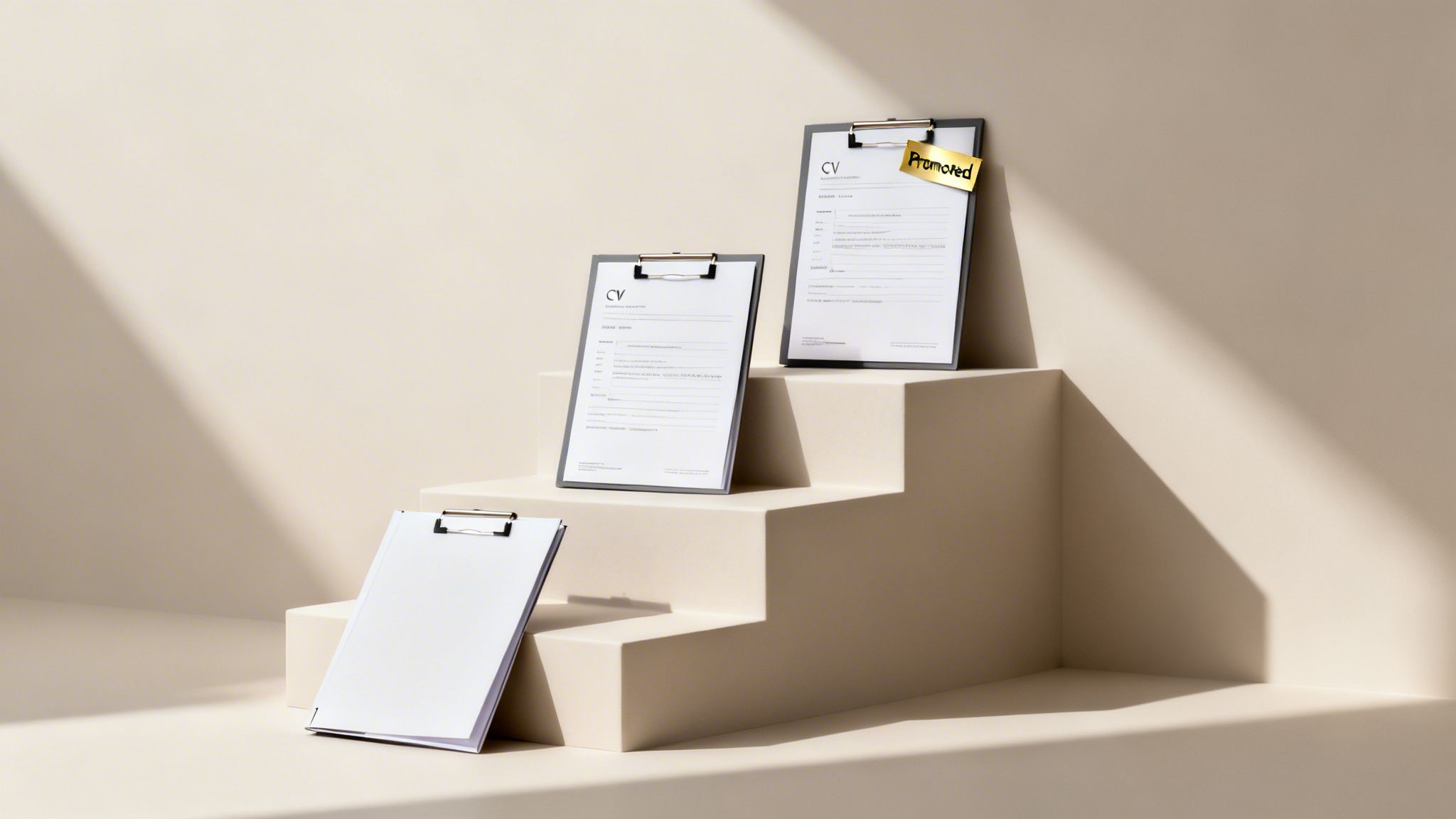 CV clipboards on a staircase, with the top one marked 'Promoted', symbolizing career progression.