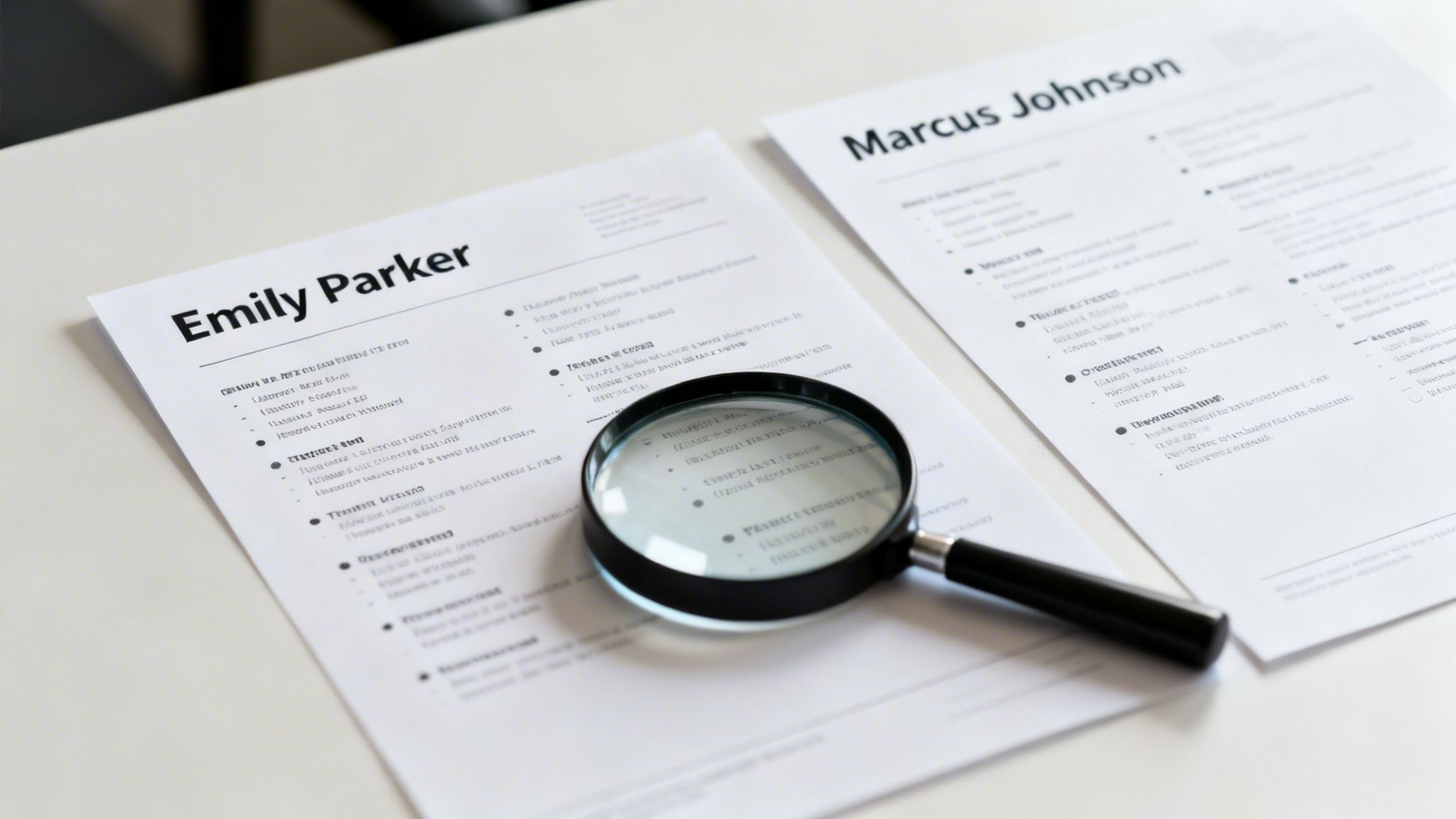 Two resumes, Emily Parker and Marcus Johnson, being reviewed with a magnifying glass on a white table.