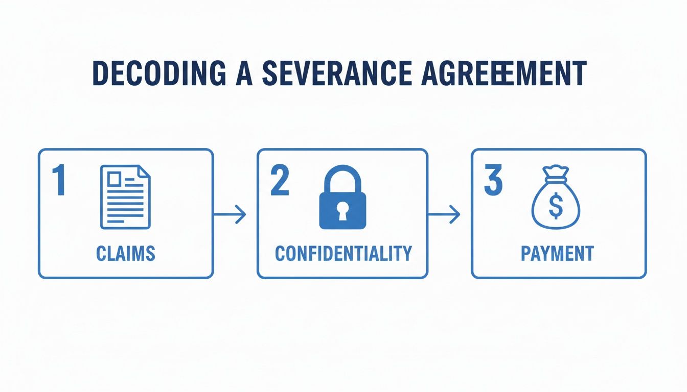 A three-step diagram decoding a severance agreement, outlining claims, confidentiality, and payment stages.