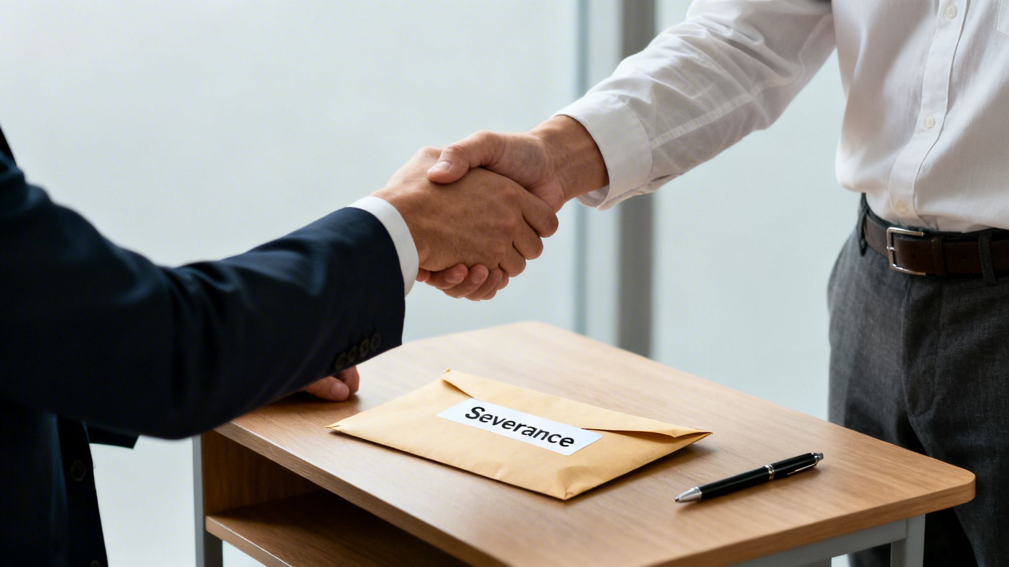 Two businessmen shaking hands over a desk with a "Severance" envelope, symbolizing a professional agreement.