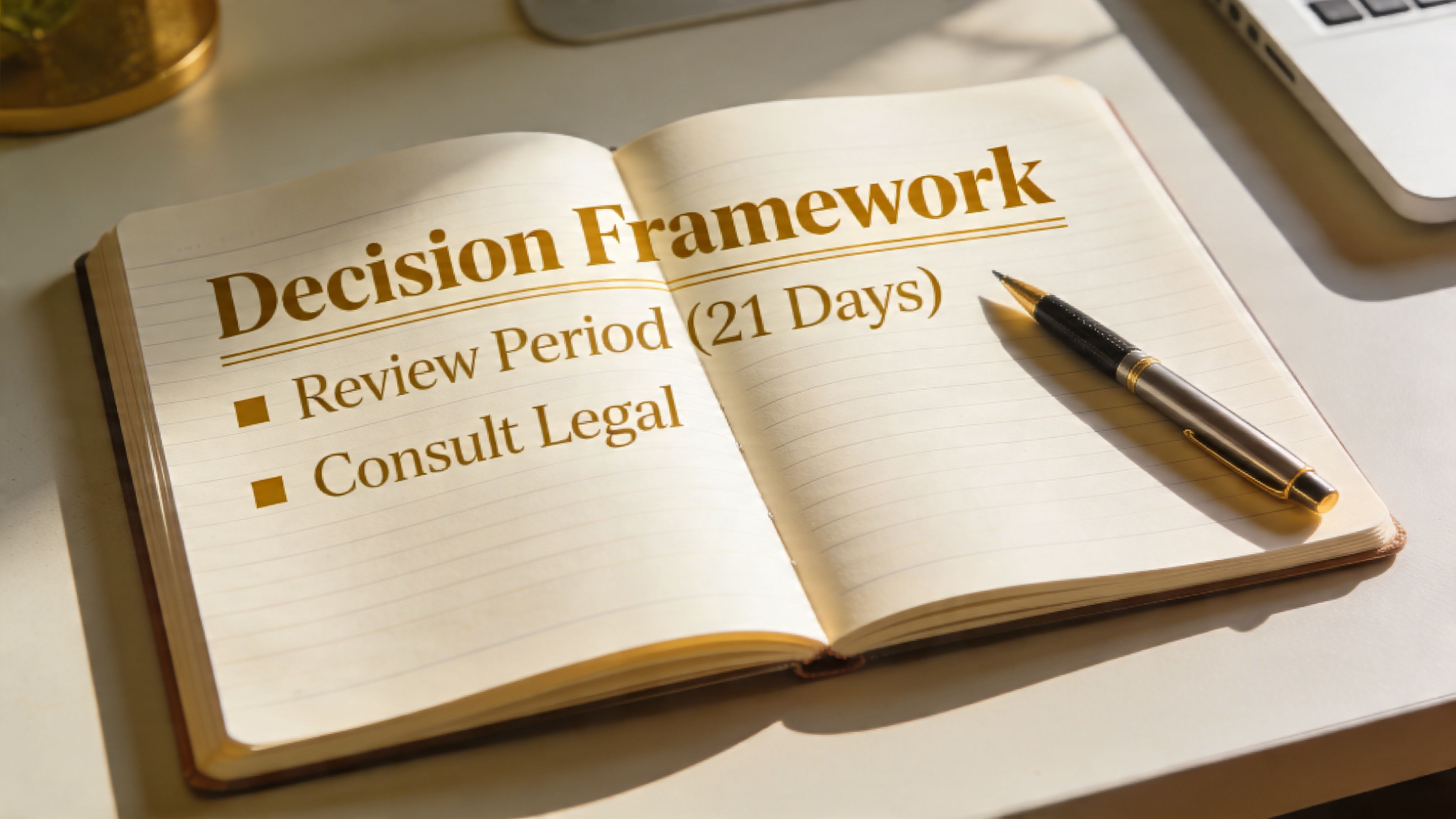 An open notebook with the words Decision Framework, Review Period, and Consult Legal on a desk.