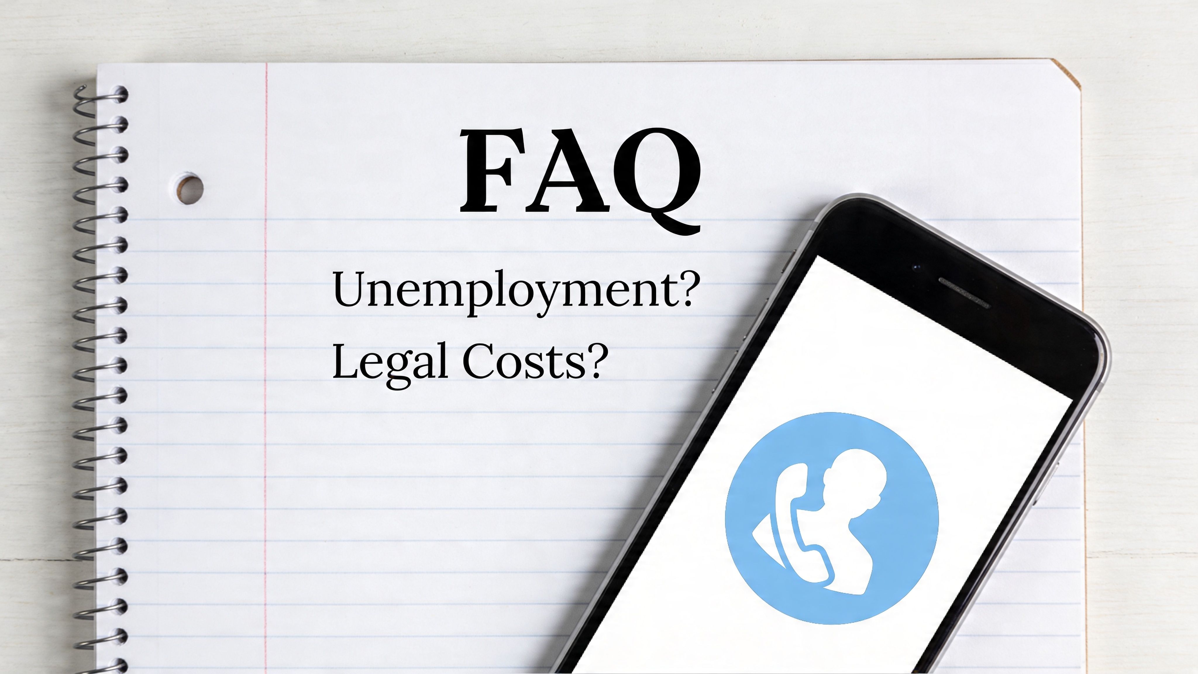A notepad with the text FAQ, Unemployment, and Legal Costs next to a smartphone showing contact icon.