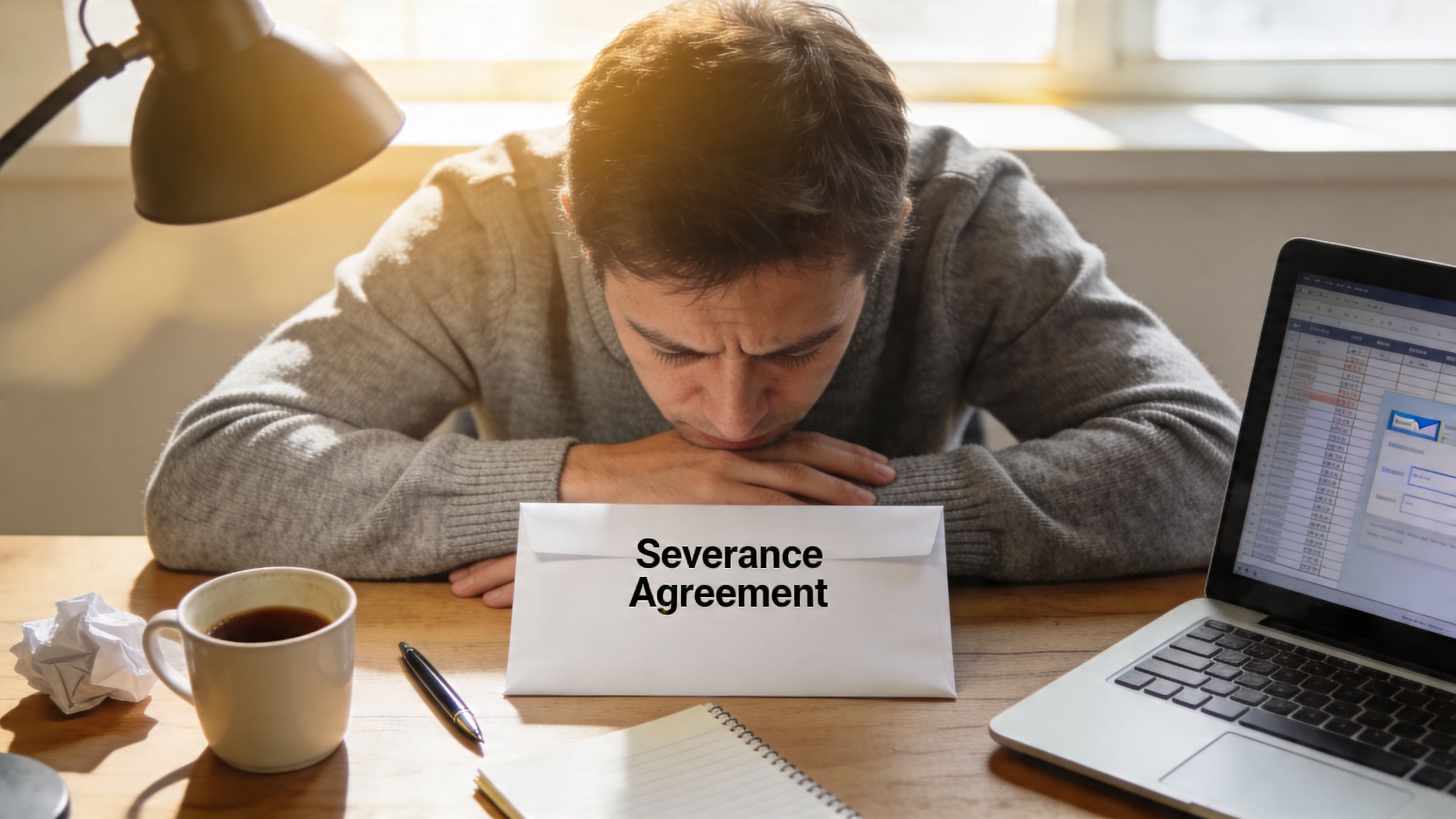 A distressed man sitting at a desk with his head down next to a severance agreement envelope.