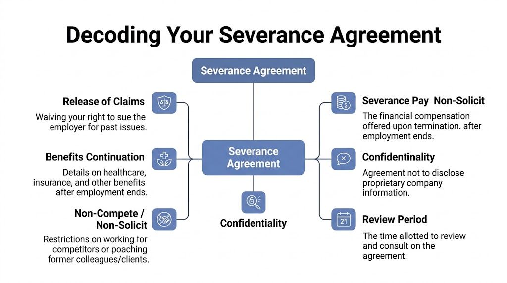 A diagram outlining key components of a severance agreement, including pay, benefits, and legal clauses.