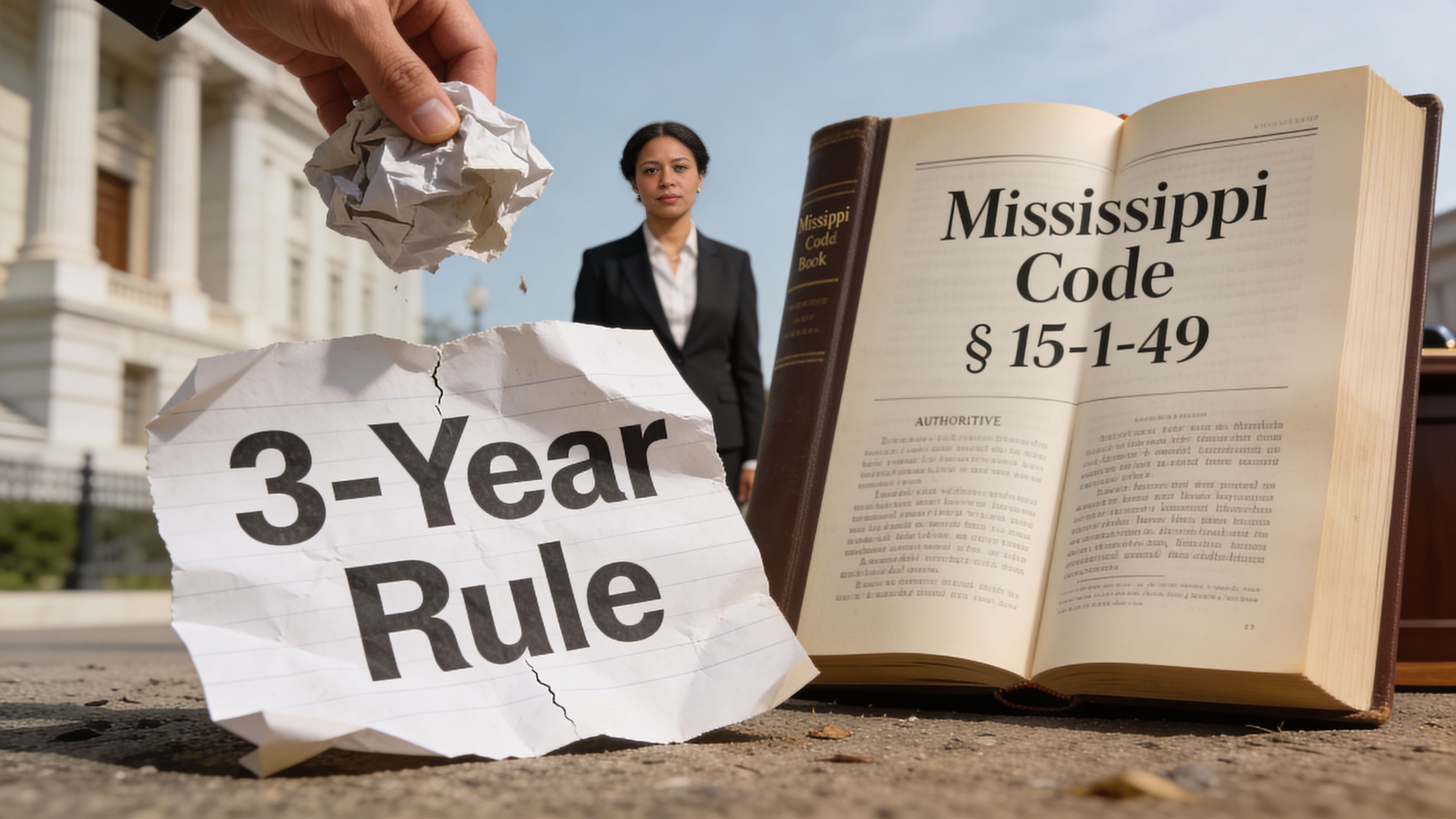 A crumpled paper with 3-Year Rule text held before a legal book titled Mississippi Code 15-1-49.