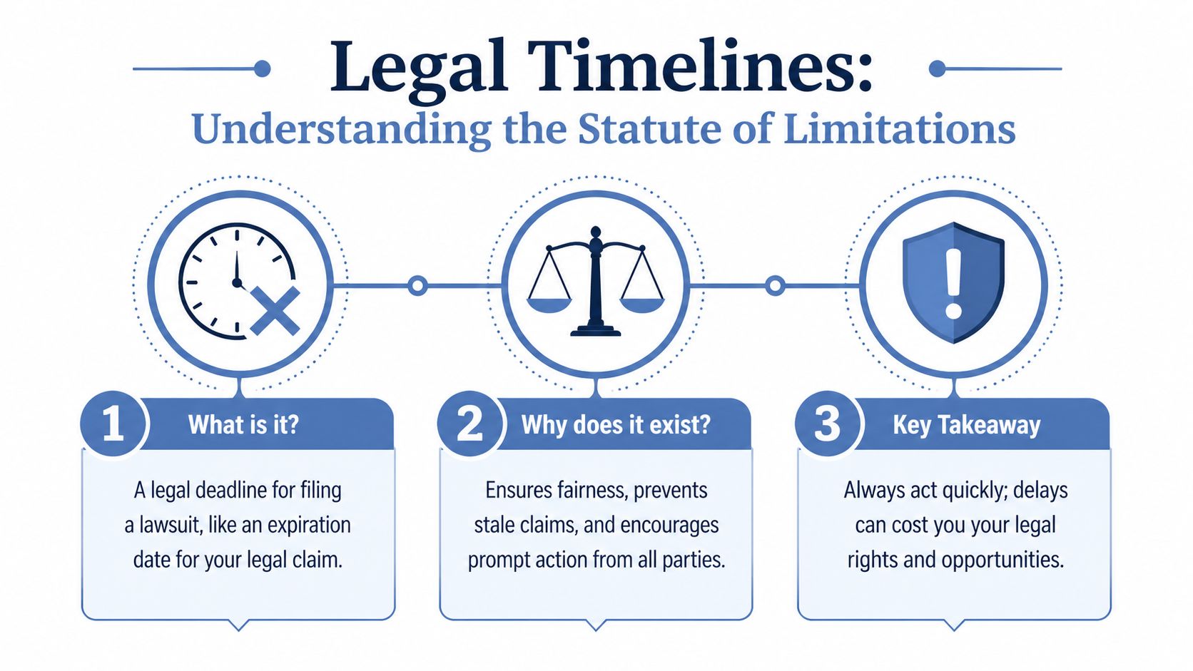 An infographic explaining the statute of limitations with three points: definition, purpose, and the importance of acting quickly.